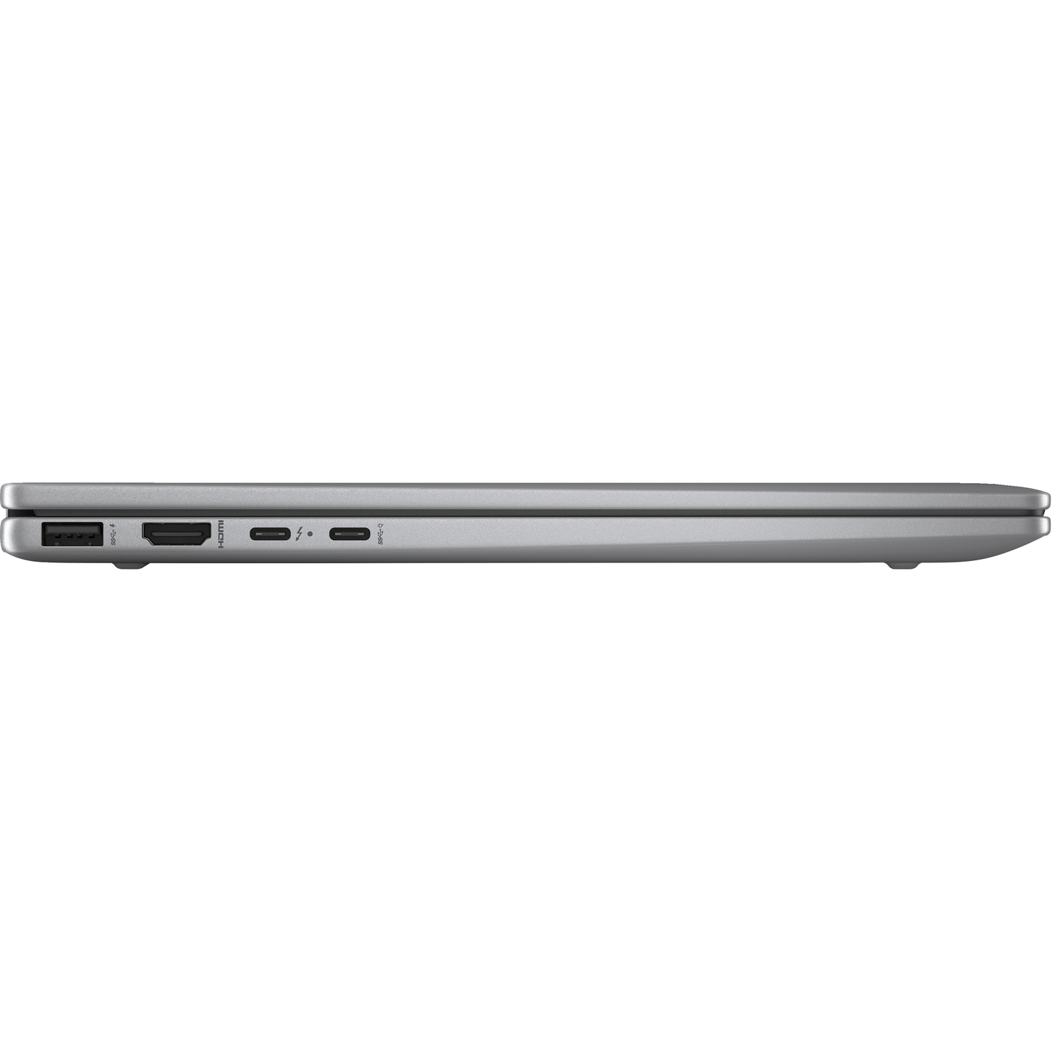 Een zijaanzicht van een laptop. De zijkant toont poorten, waaronder USB en audio, en heeft een slank ontwerp.