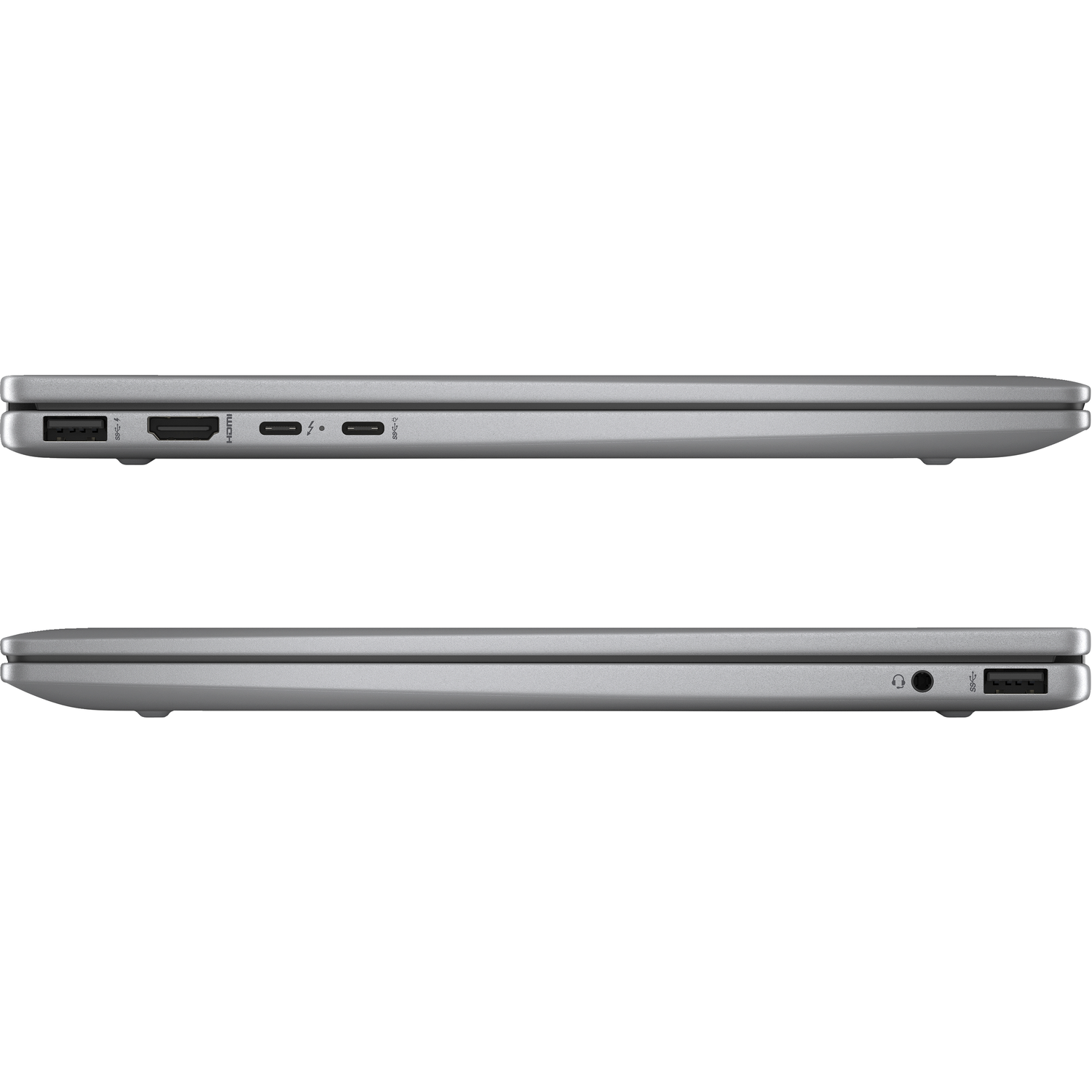 Laptop zijaanzicht, zilverkleurig. Poorten en functies zichtbaar aan beide zijden.