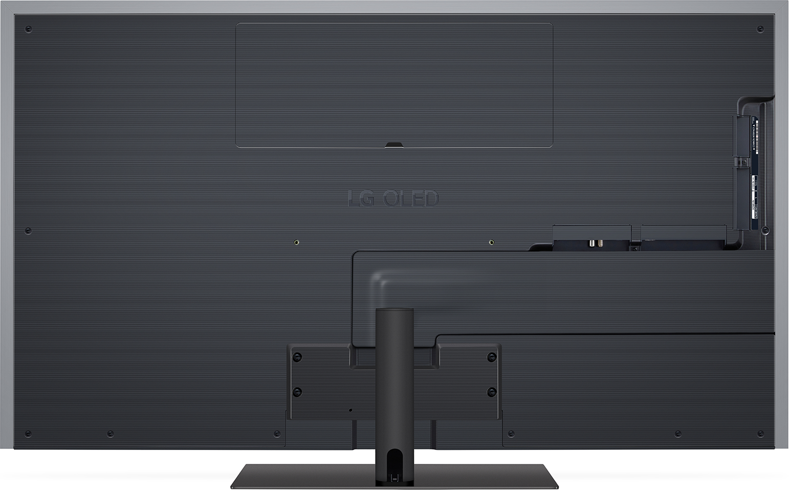 Rückseite eines schwarzen LG OLED-Fernsehers. Das LG OLED-Logo ist sichtbar.