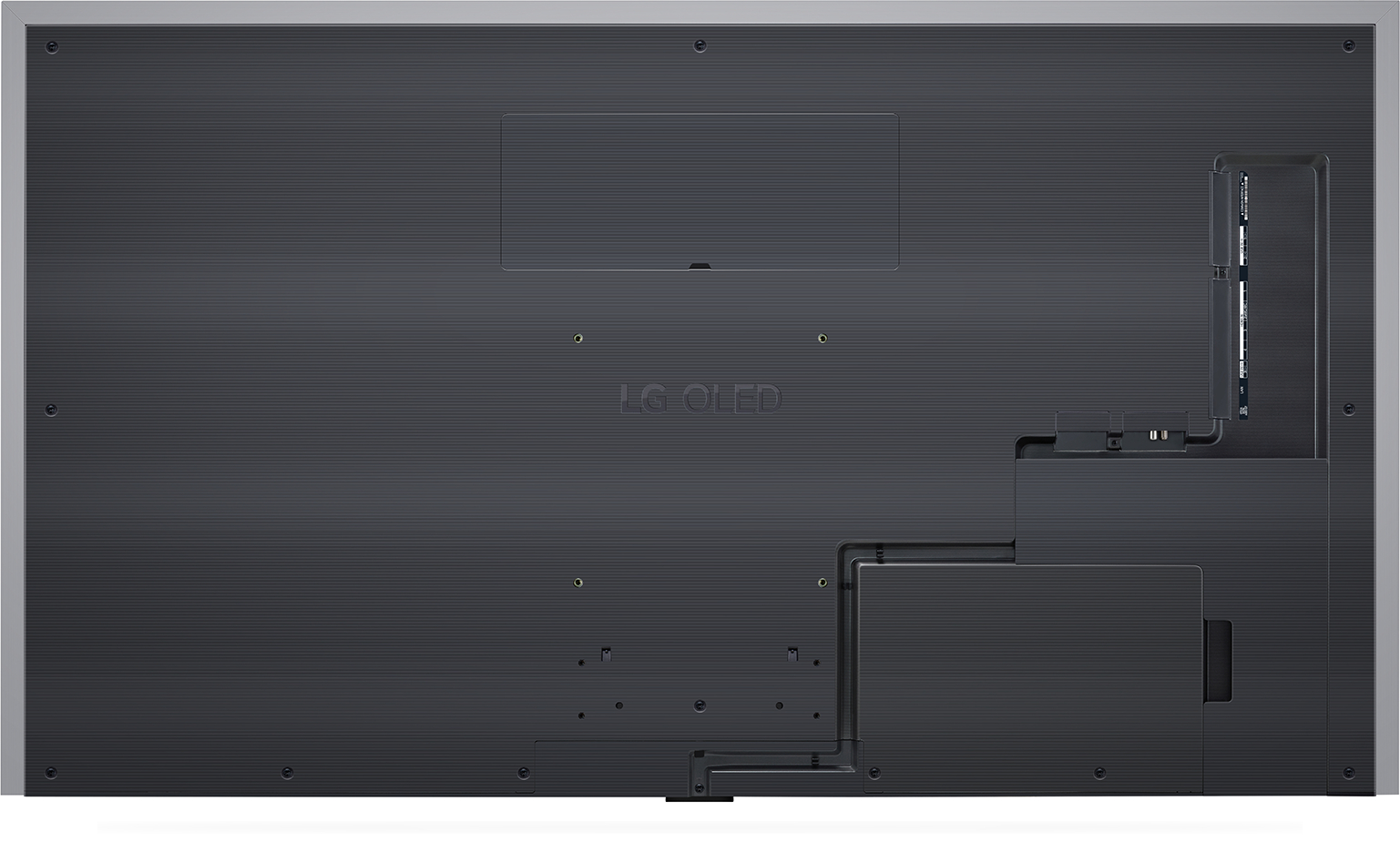 Die Rückseite eines schwarzen LG OLED-Fernsehers mit Anschlüssen, einem Ständer und dem LG OLED-Logo.