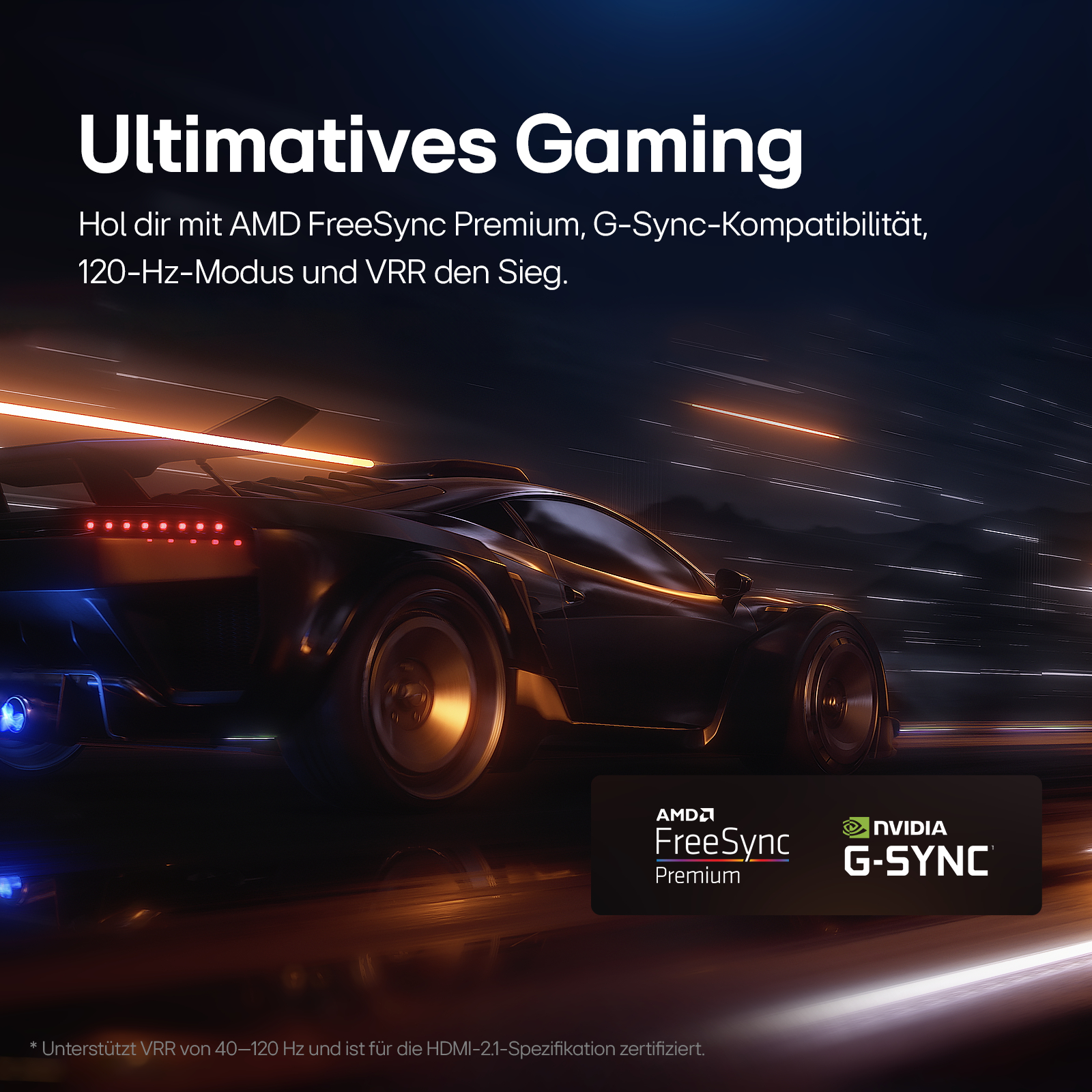 Schwarzes Auto, das mit Lichtstreifen rennt. Text sagt 'Ultimatives Gaming'.