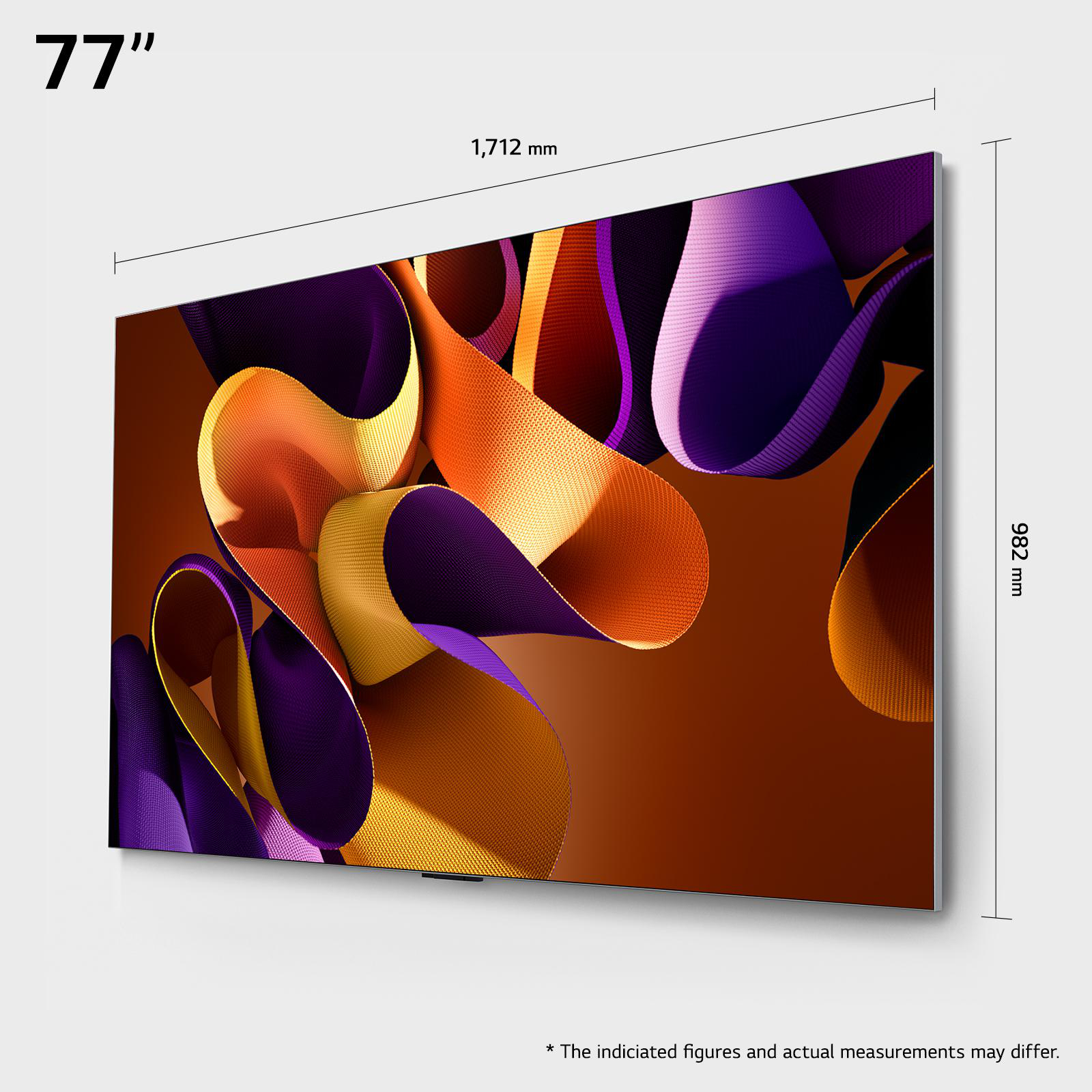 Großer Fernseher mit abstrakter Kunst aus bunten Bändern. Text liest sich "77" und Abmessungen.