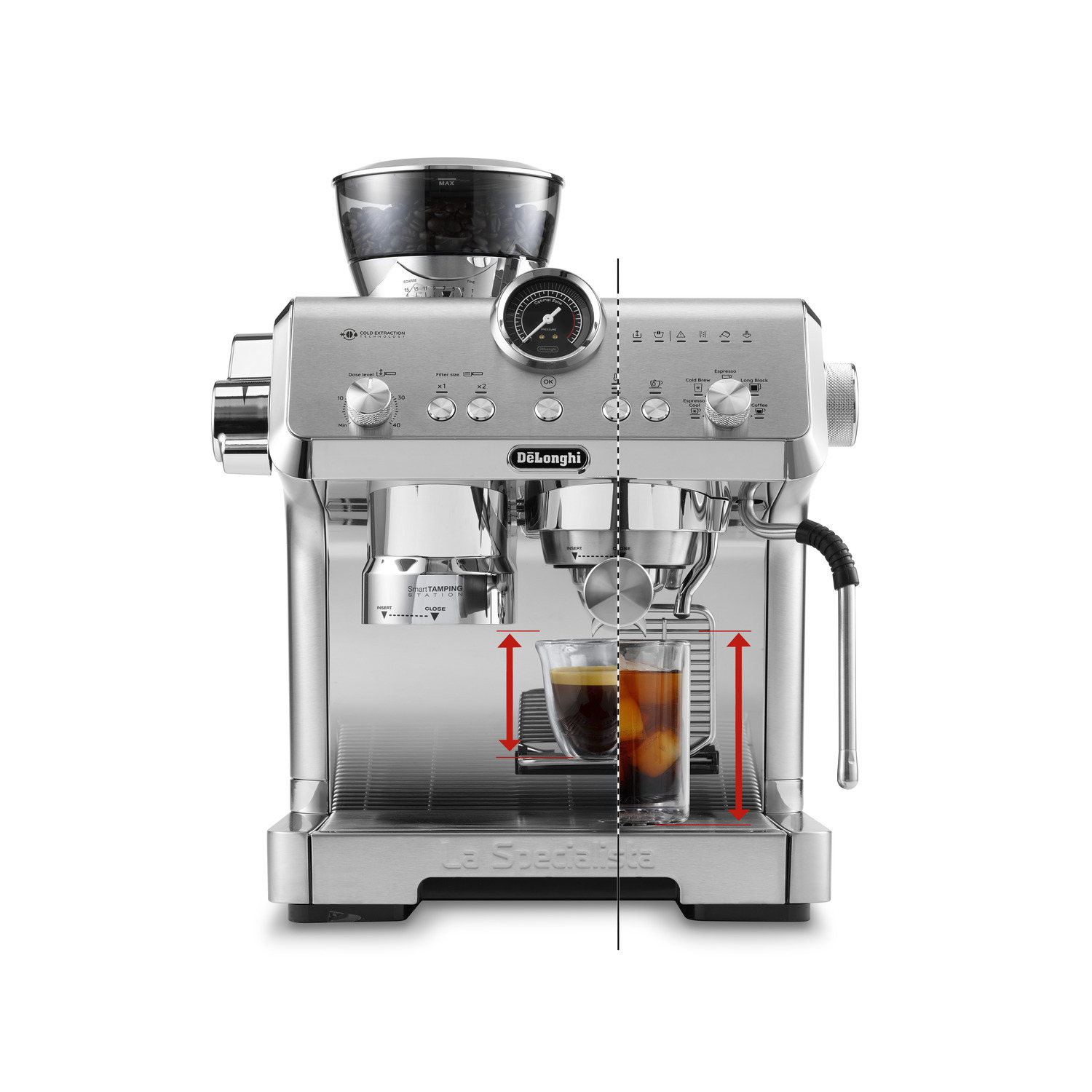 Espresso machine with a glass of coffee being filled and showing a gauge.