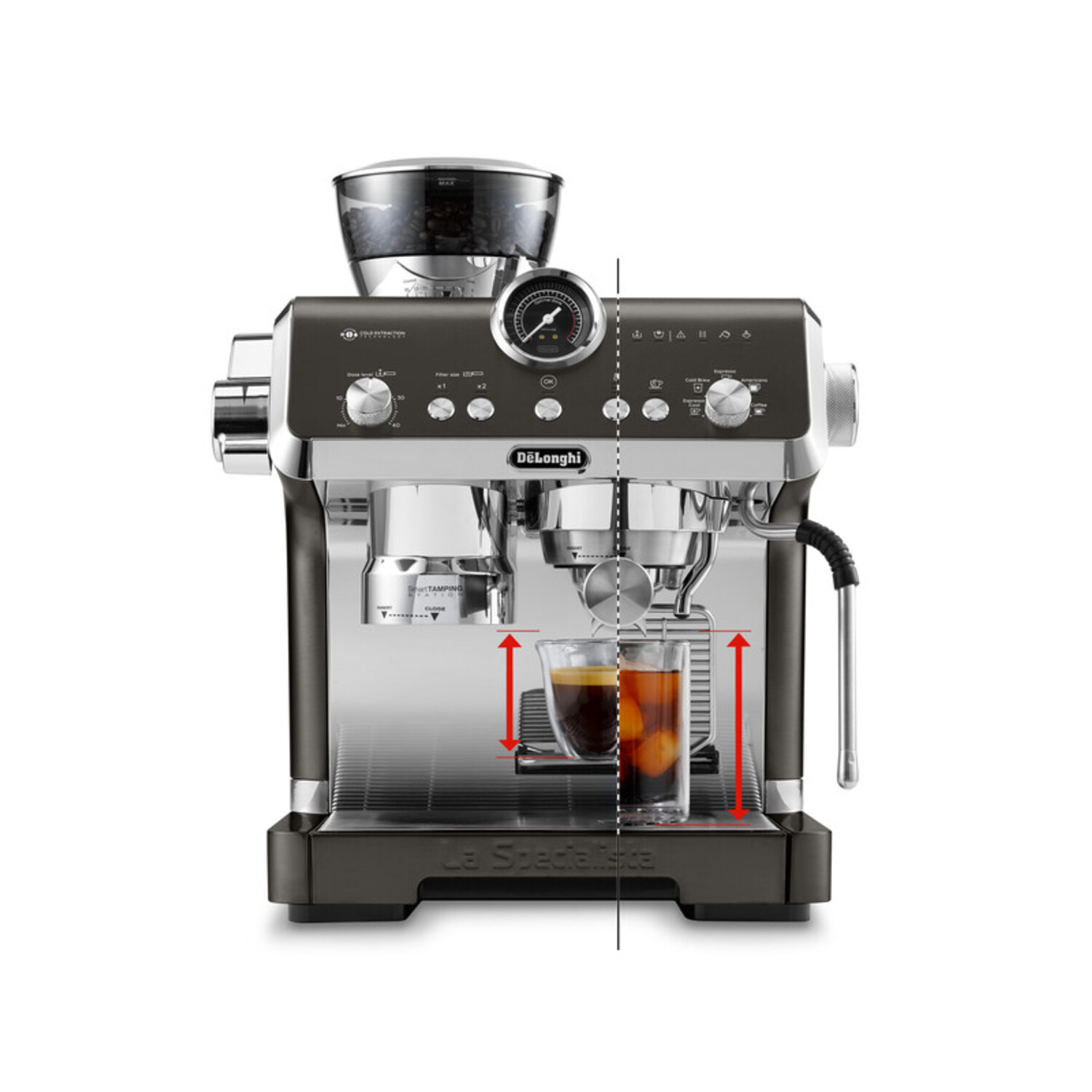 Espresso machine with a glass cup. The machine is black and silver. Coffee is brewing.
