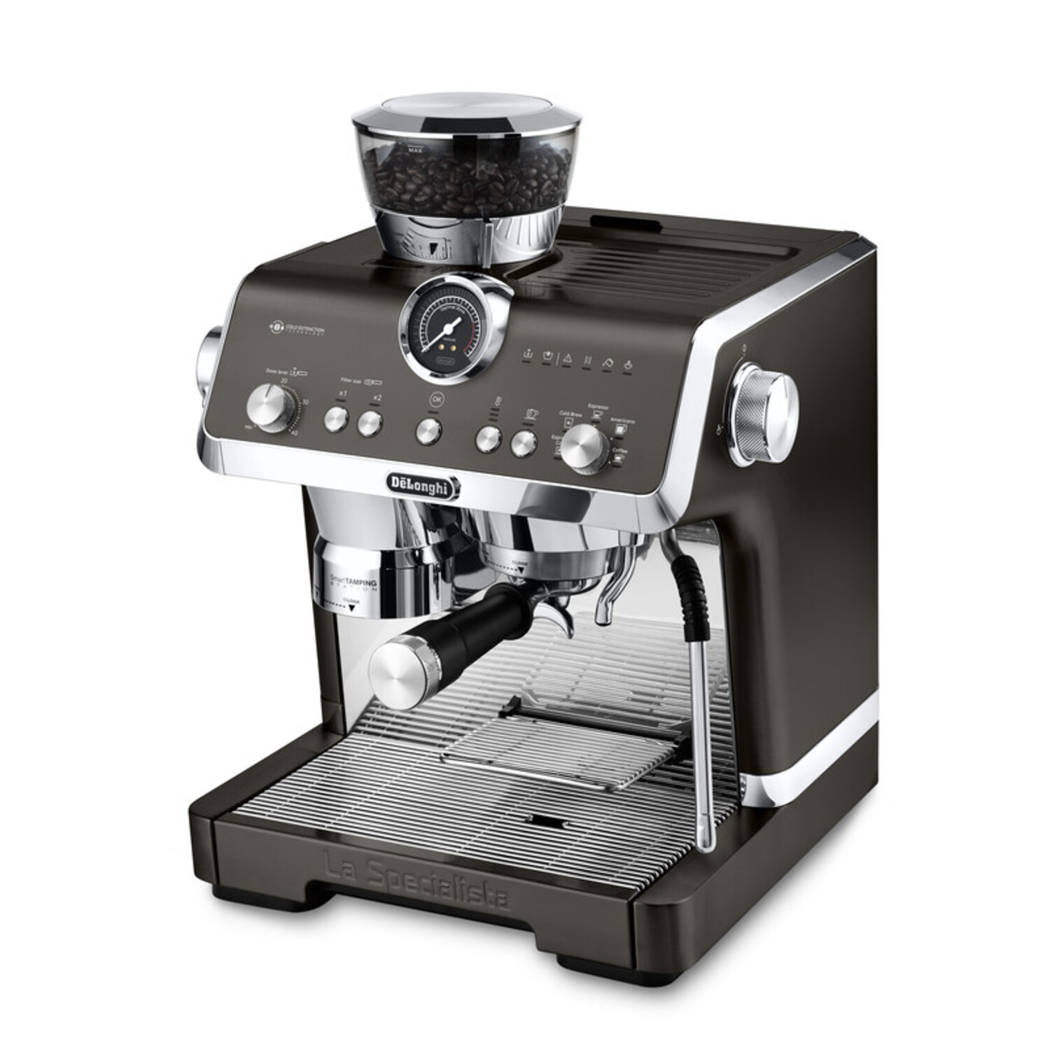 Dark espresso machine with a coffee bean container on top.