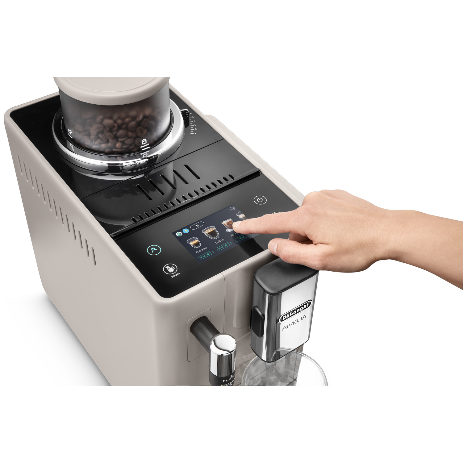 Coffee machine with a hand touching the screen, showing coffee options and a bean container.