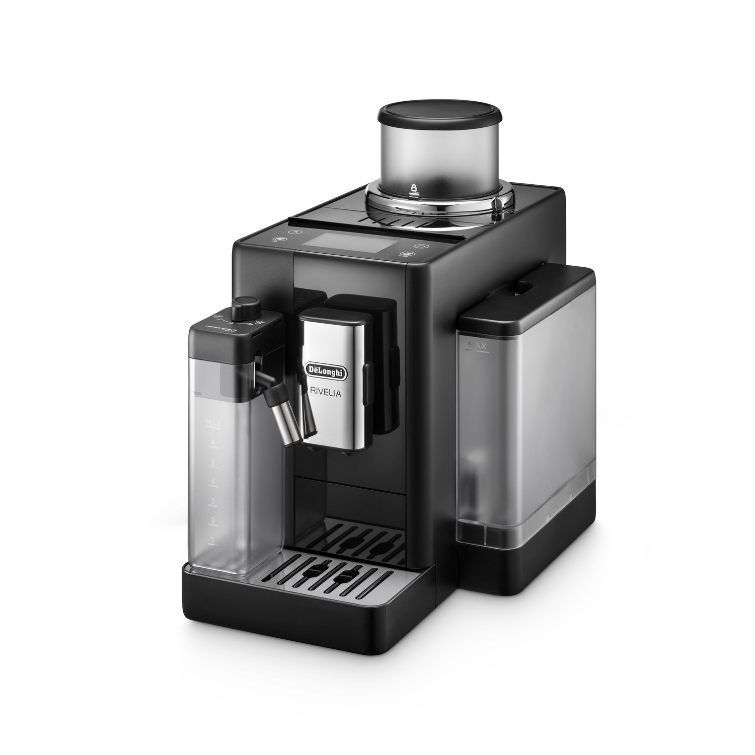 Black De'Longhi coffee machine with a water tank and a bean grinder on top.