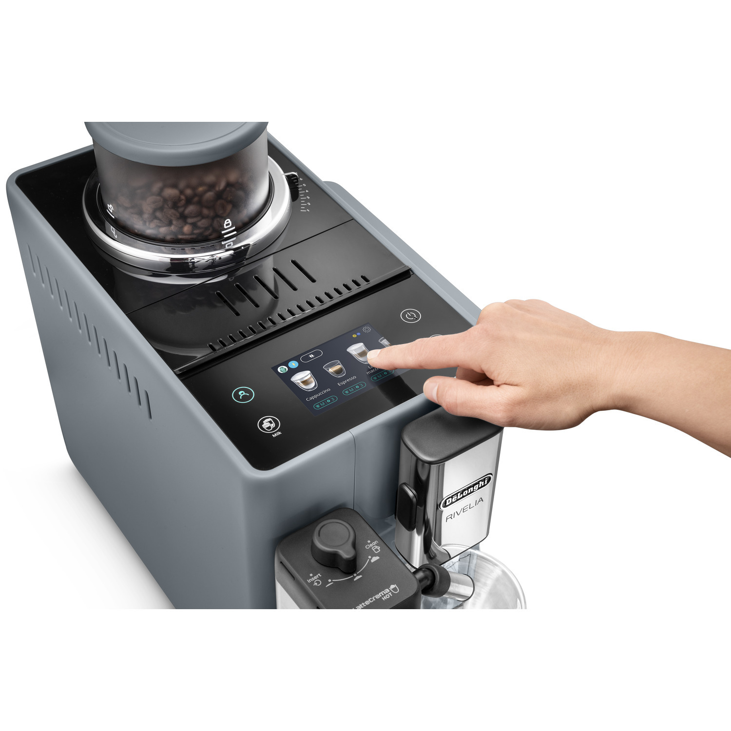 A person's hand is touching a coffee machine screen with coffee options on a white background.