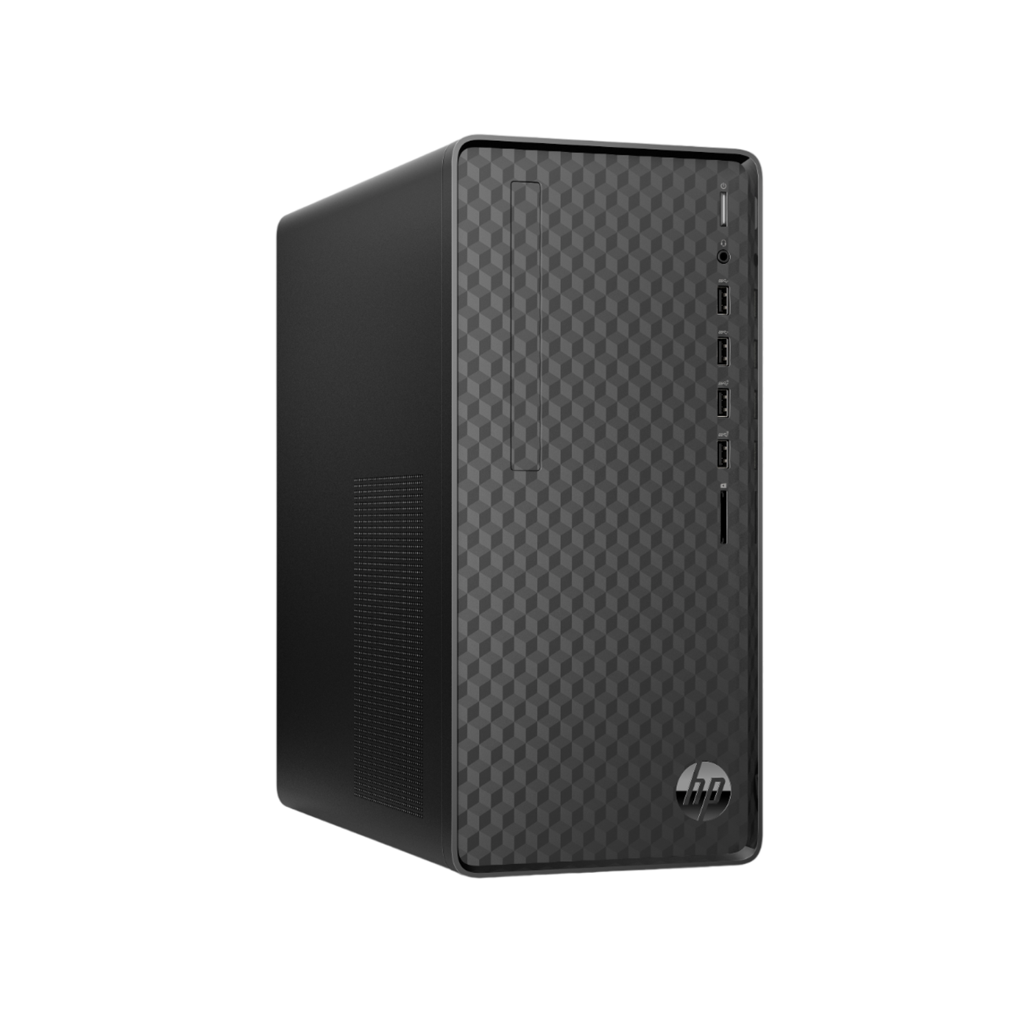 Een zwarte HP desktopcomputer op een zwarte achtergrond, met het HP-logo zichtbaar.