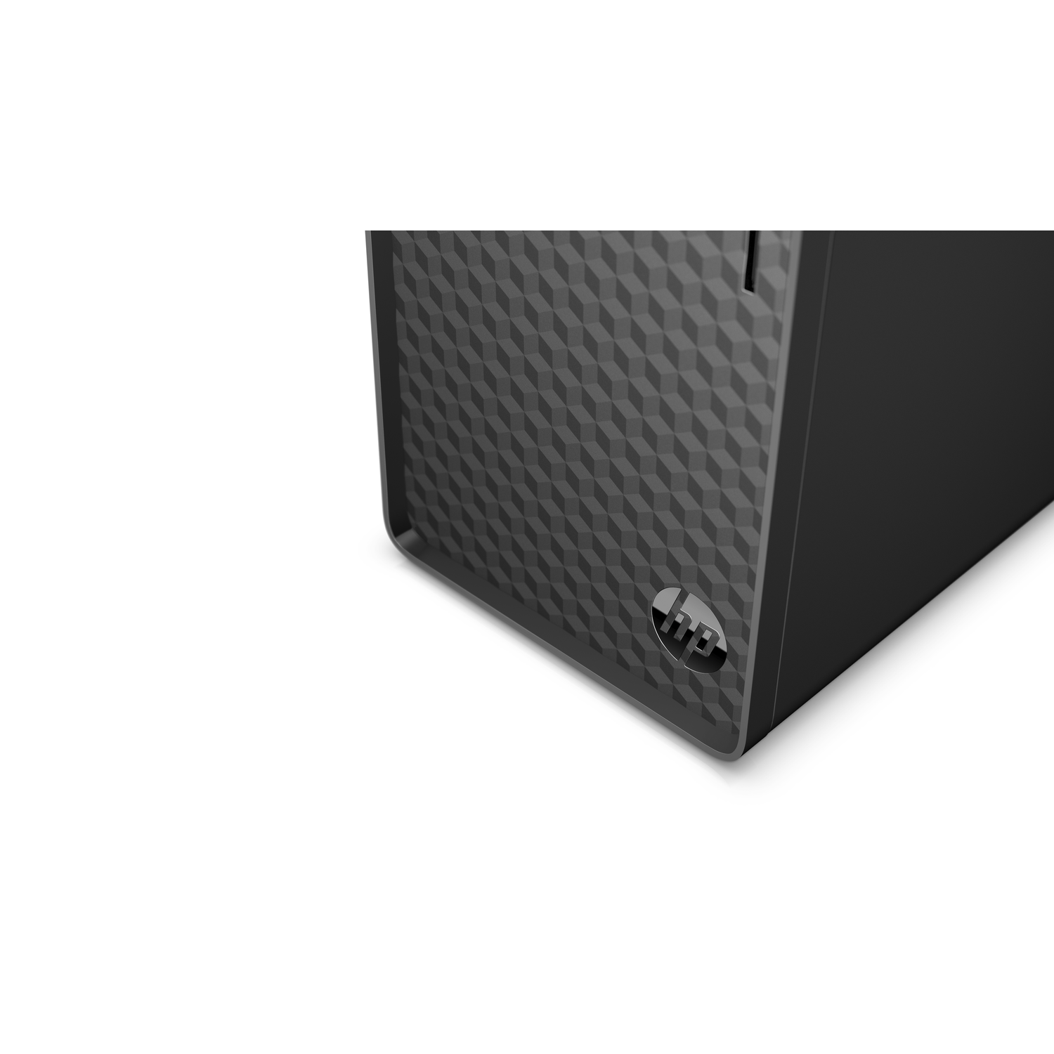 Een zwarte computerkast met het HP-logo. Het staat op een witte achtergrond.
