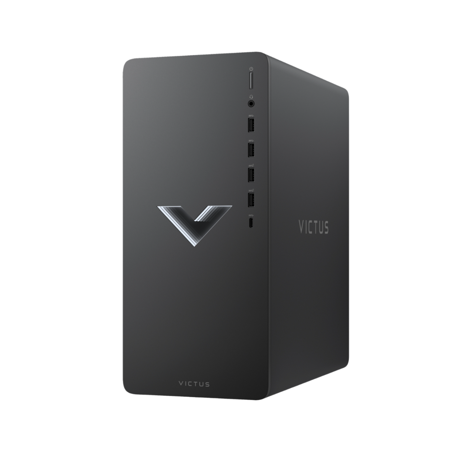 Zwarte Victus desktopcomputer op een zwarte achtergrond.