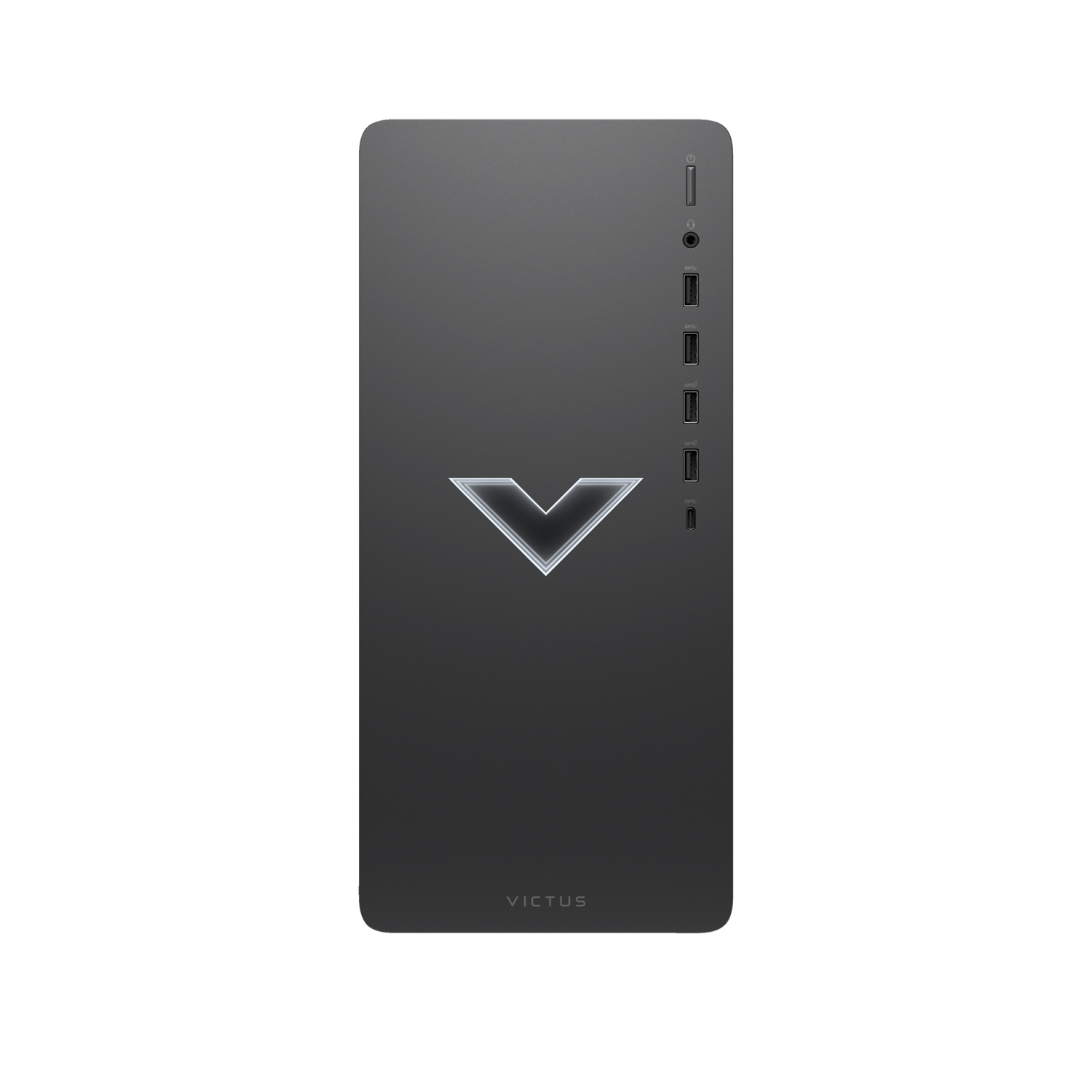 Zwarte computertoren met zilveren logo. Poorten en knoppen zichtbaar aan de zijkant.