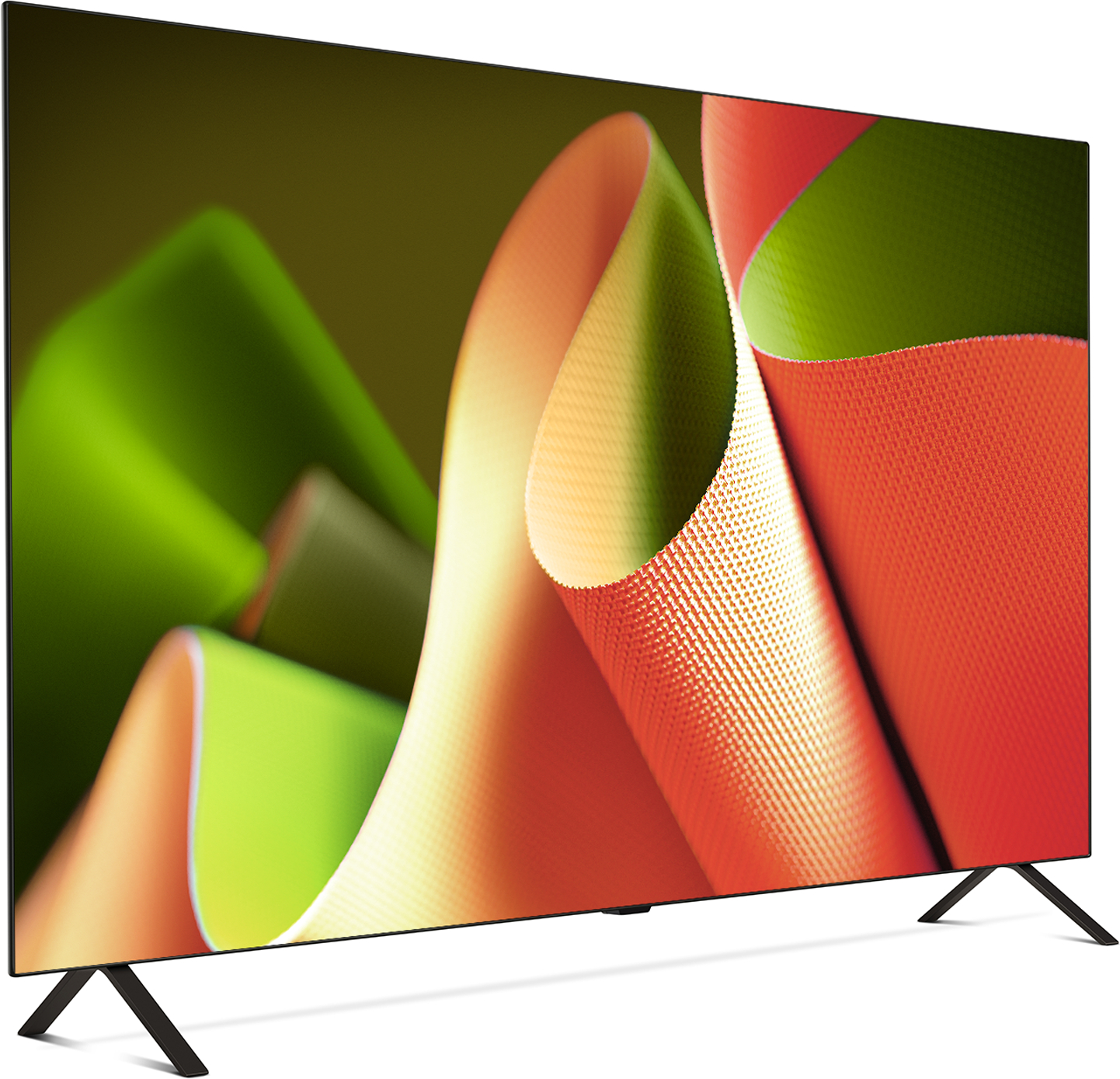 Ein moderner TV-Bildschirm zeigt ein farbenfrohes abstraktes Bild. Der Bildschirm steht auf schwarzen Ständern.