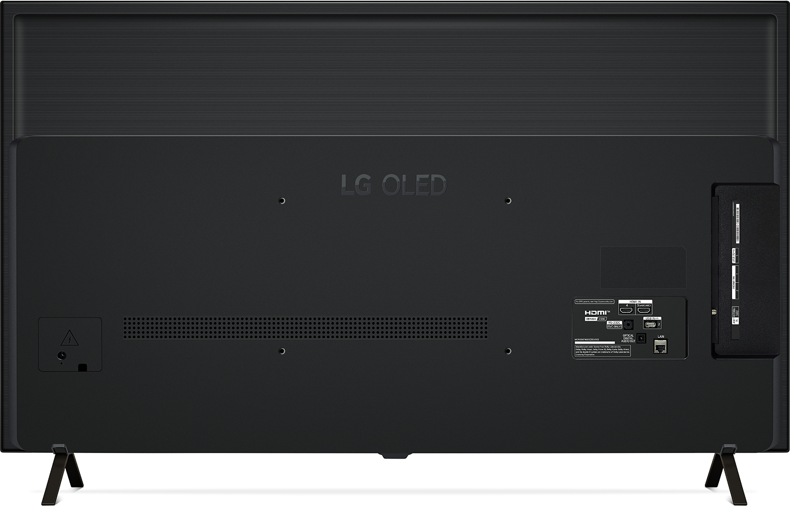 Die Rückseite eines LG OLED-Fernsehers mit verschiedenen Anschlüssen und Verbindungen, mit schwarzem Rahmen.