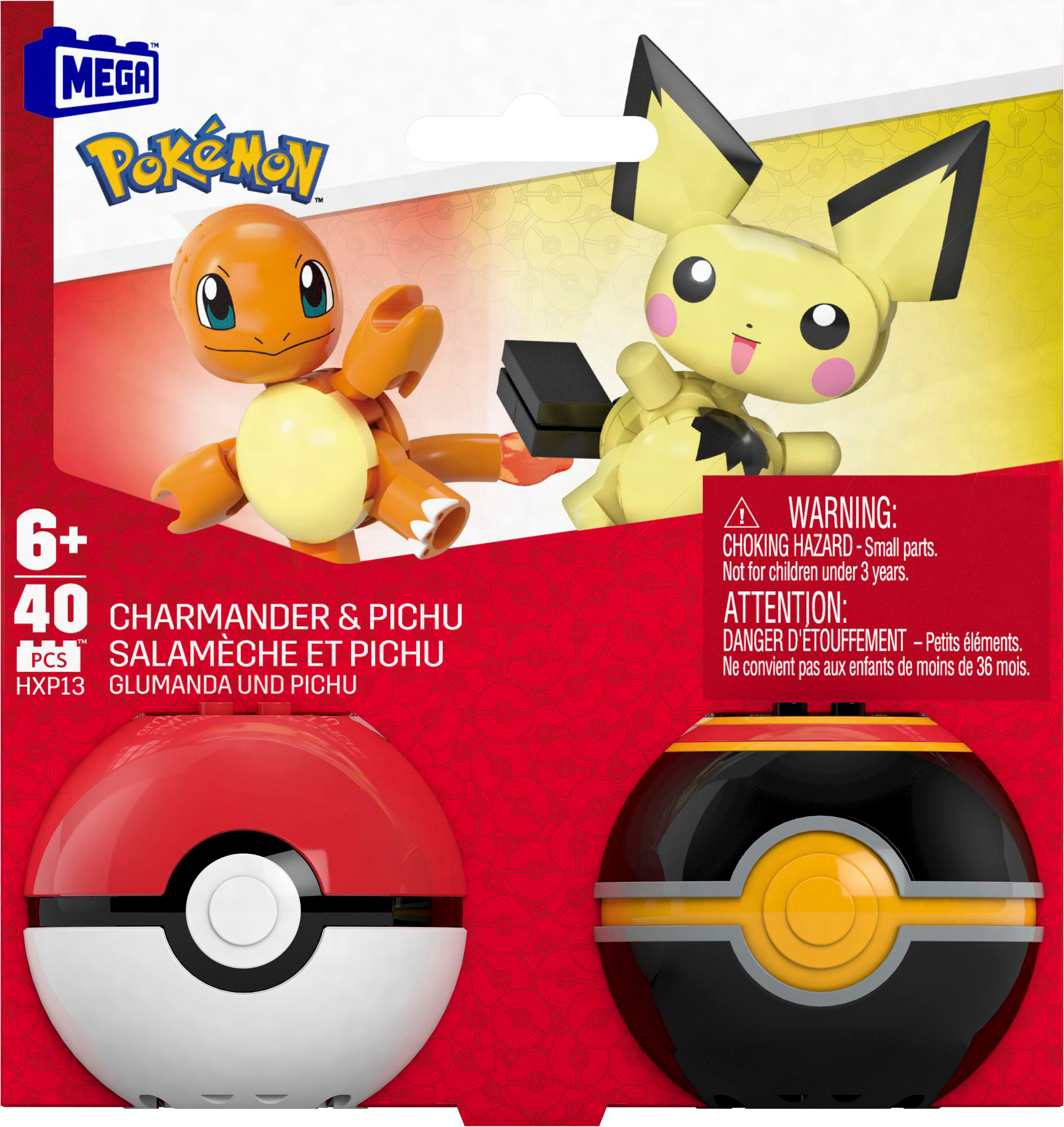Pokémon-Spielfiguren von Charmander, Pichu und zwei Poké-Bällen auf rotem Hintergrund.