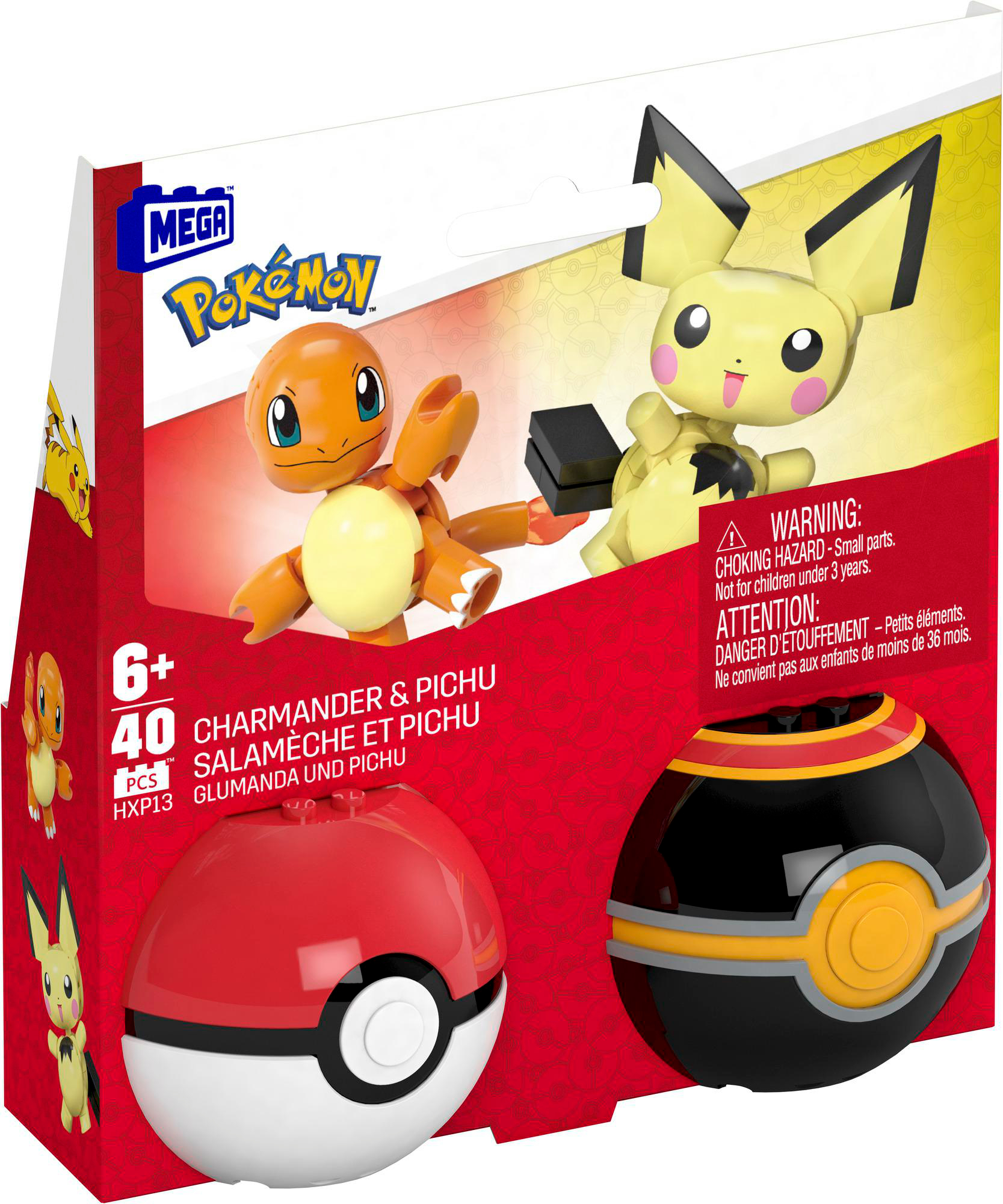 Box-Set von Mega-Pokémon-Figuren, einschließlich Charmander und Pichu, mit zwei Pokéballs.