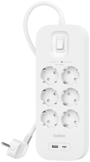 Egy fehér elosztó hat aljzattal, egy kapcsolóval és egy USB porttal, dugóval és kábellel.