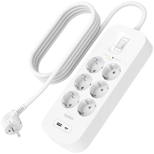 BELKIN Connect túlfeszültségvédő hosszabbító 6 kimenettel USB-A, USB-C csatlakozással, fehér (SRB002ca2M)