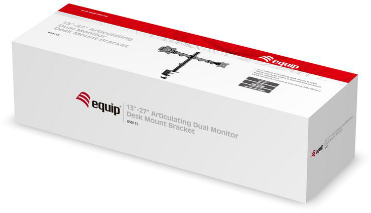 Fehér doboz piros díszítéssel. A szöveg a következő: „13-27” Articulating Dual Monitor Desk Mount Bracket.