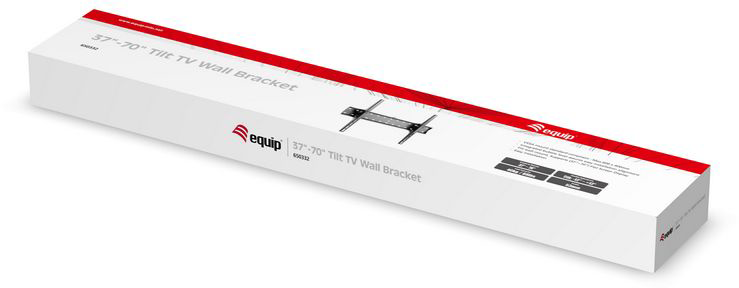 Fehér doboz piros csíkokkal, '37-70" Tilt TV Wall Bracket' felirattal, tartó képével.