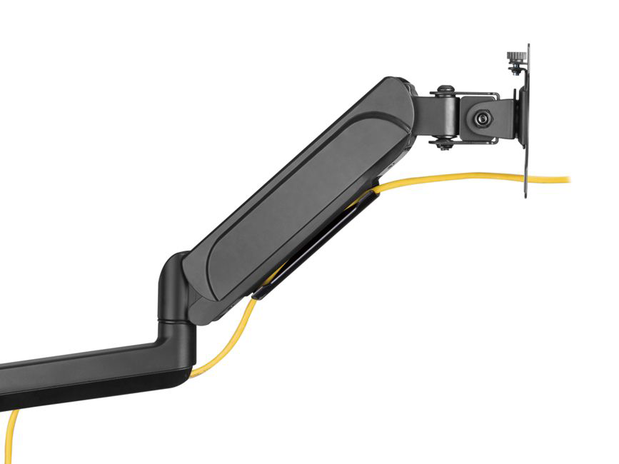 Fekete monitor kar, sárga kábellel, fehér háttér előtt, a mechanizmus részletei.