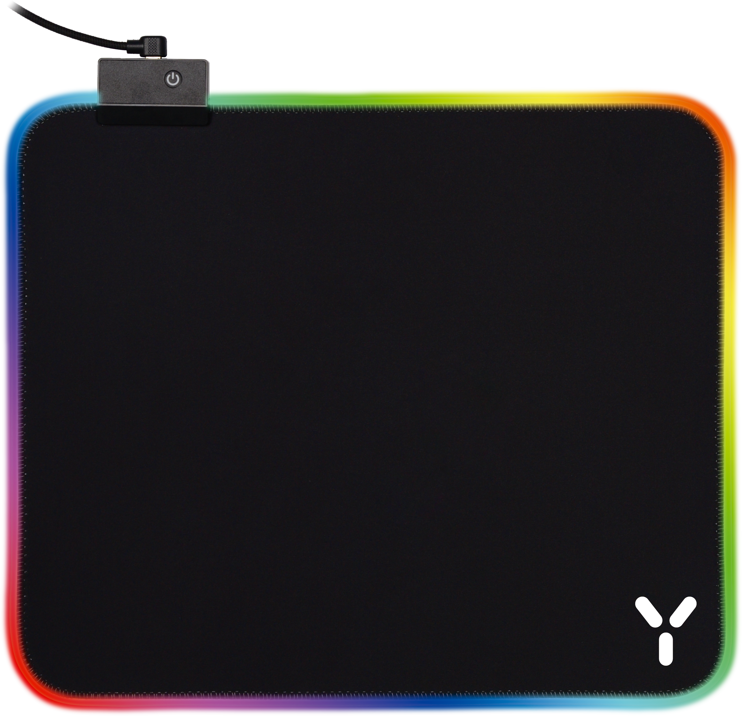 Schwarzes Gaming-Mauspad mit RGB-LED-Kantenbeleuchtung und weißem Logo.