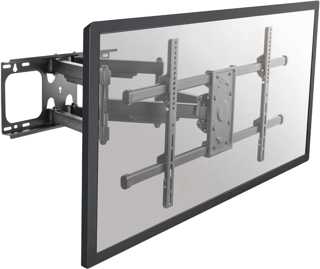 Egy TV képernyő a falra szerelve, tartóval. A tartó a képernyőn keresztül látható.