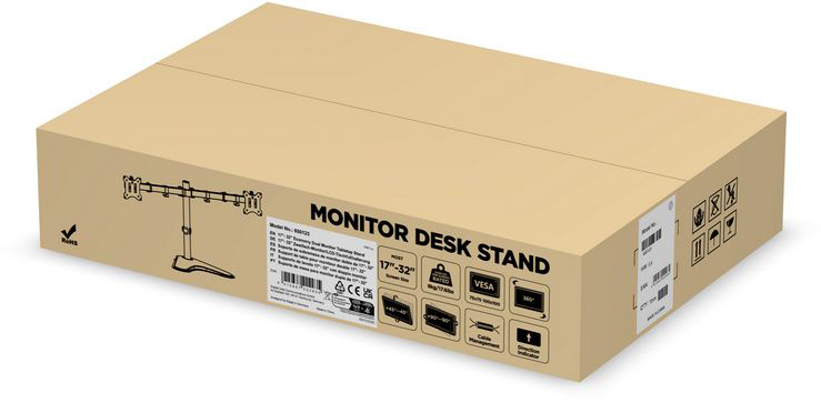 Kartondoboz monitortartóval, termékadatokkal.