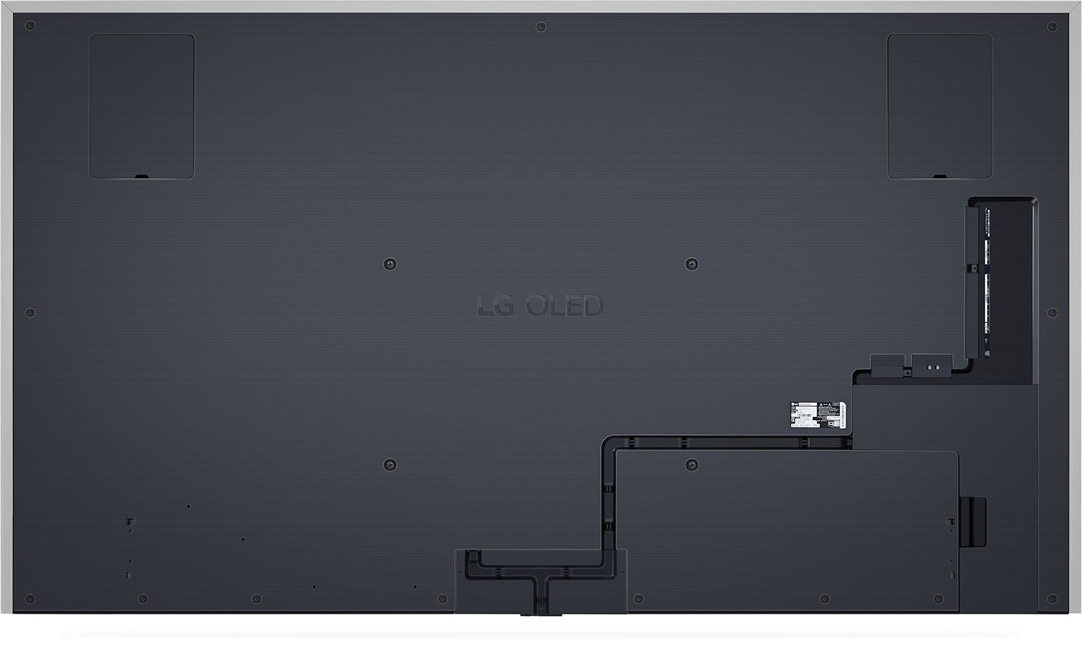 Rückseite eines großen LG OLED-Fernsehers. Zeigt Anschlüsse, Konnektoren und das LG OLED-Logo.