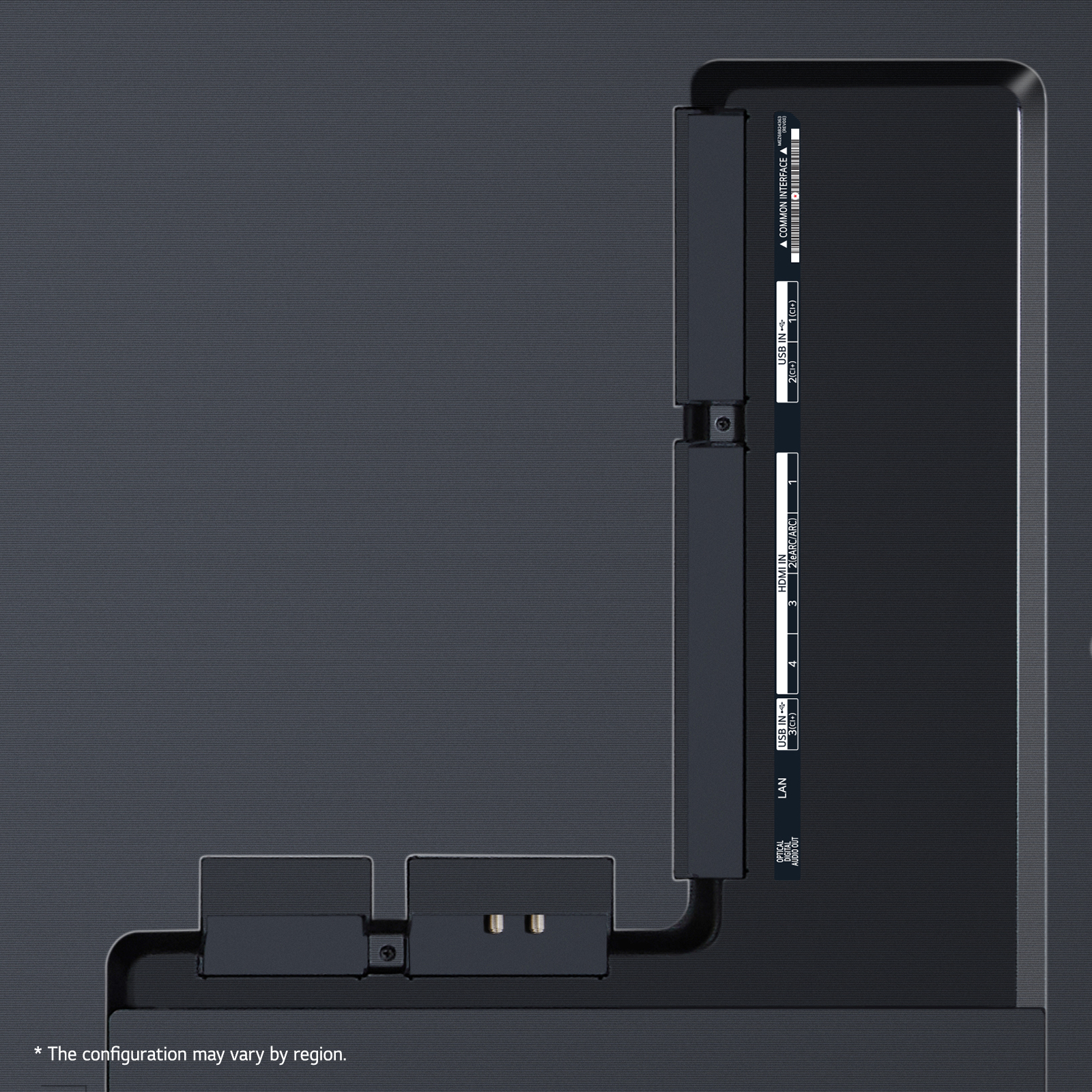 Nahaufnahme der TV-Anschlüsse: HDMI, USB, LAN und andere. Konfiguration kann je nach Region variieren.