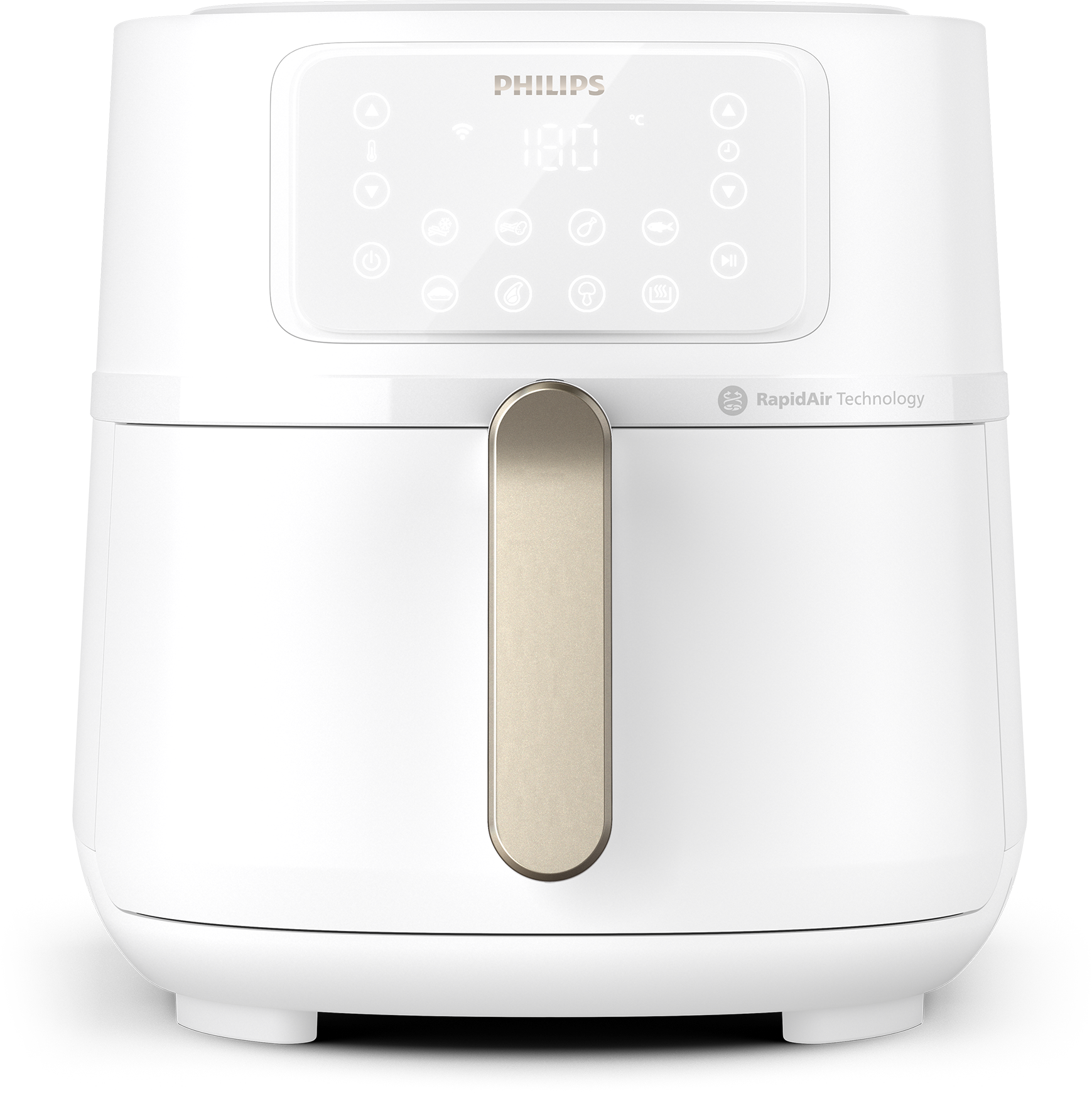 Fehér Philips légkeveréses sütő digitális kijelzővel és arany fogantyúval, fekete háttér.