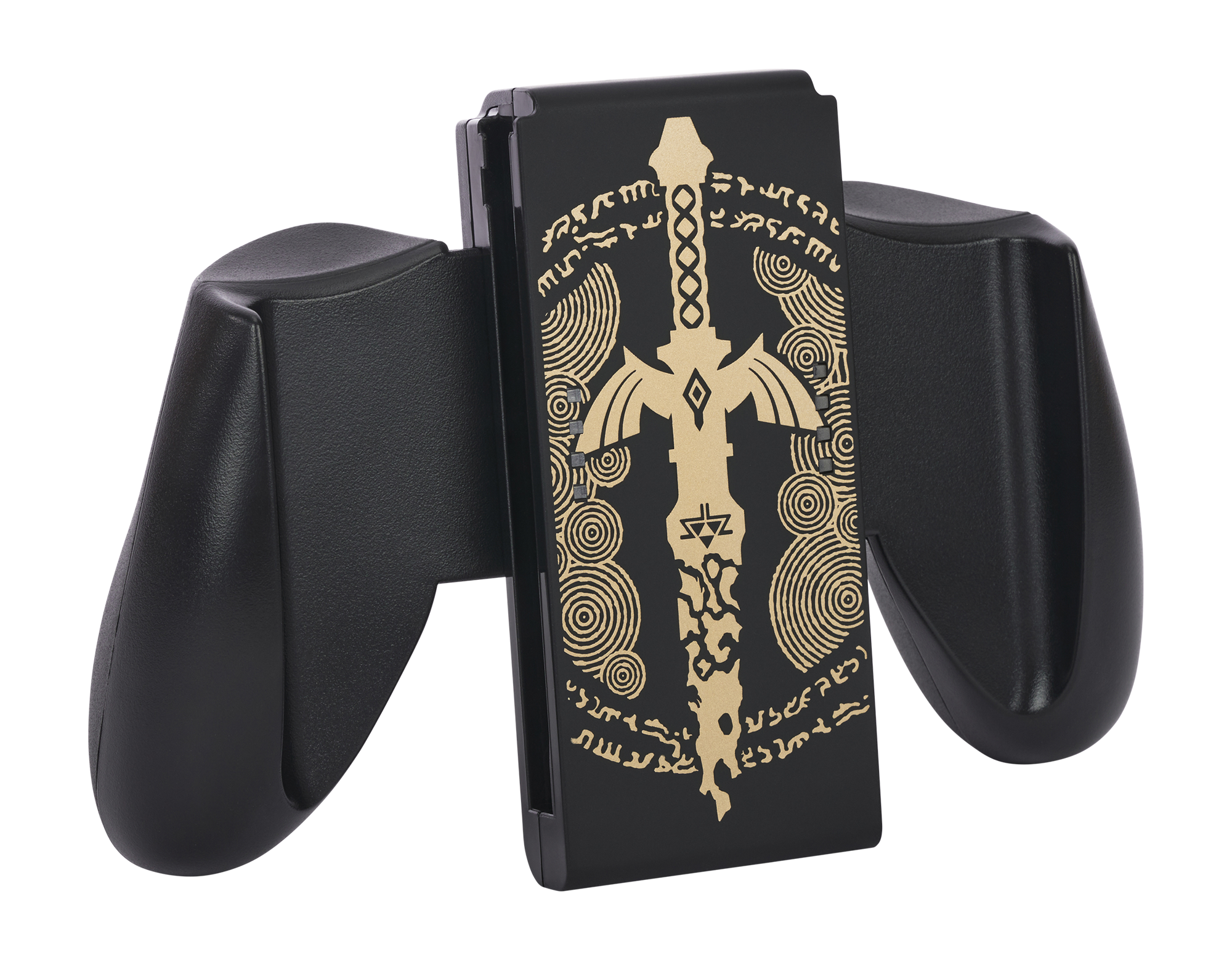 Schwarze Switch-Controller-Griffe mit goldenem Zelda-Design.