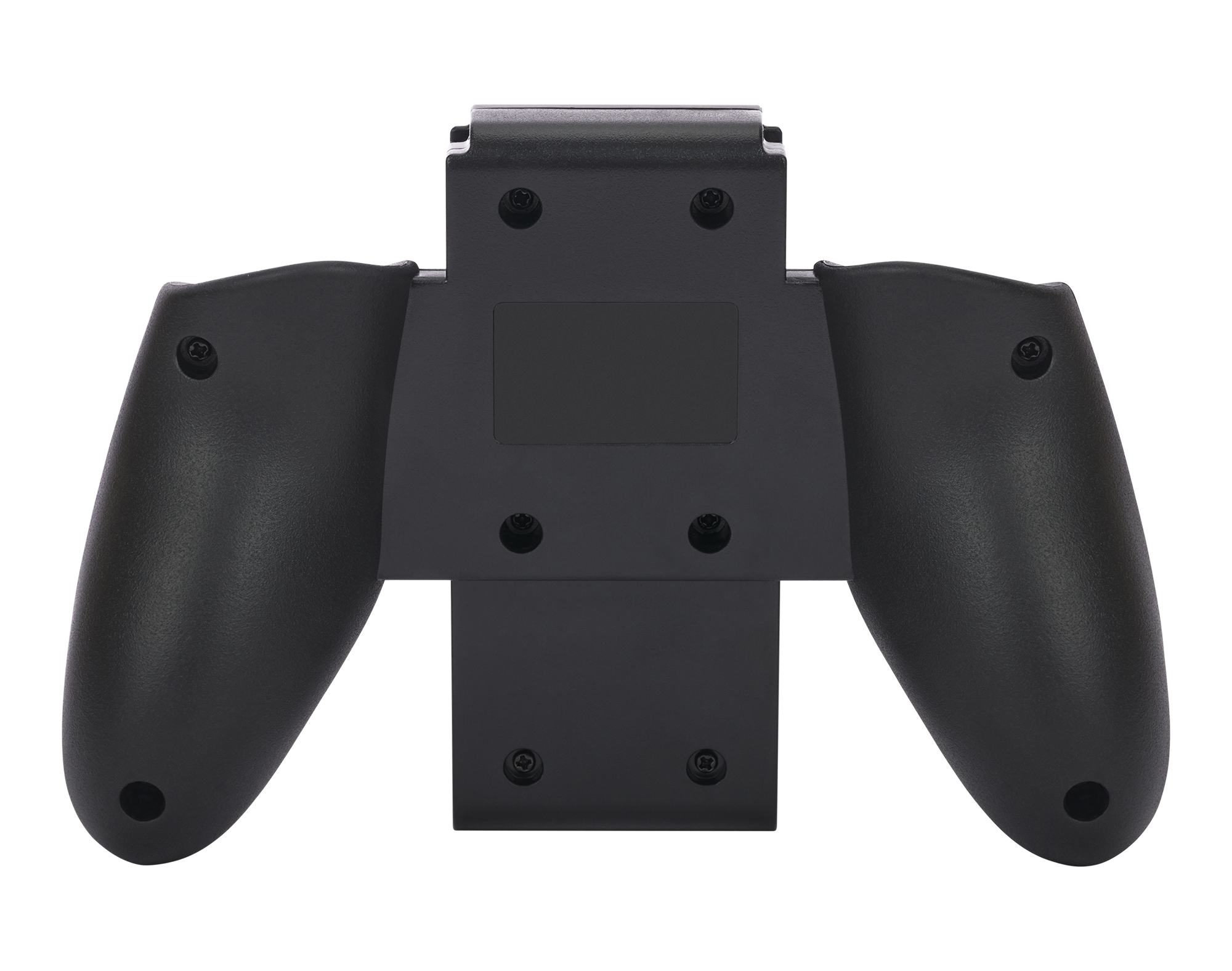Schwarzer Controller für eine Spielkonsole, Draufsicht. Zwei Griffe und zentrale Knöpfe.