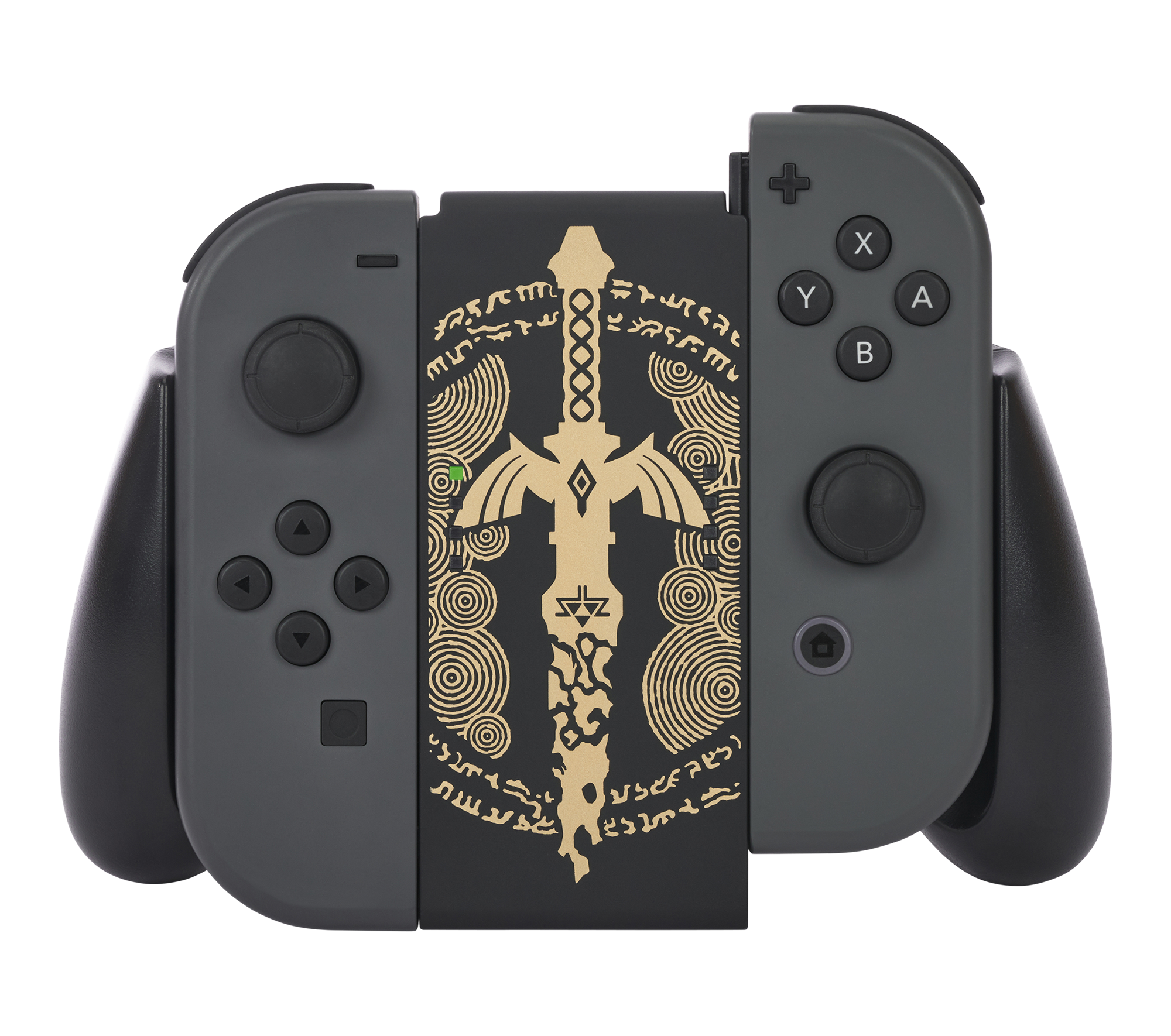 Nintendo Switch Joy-Cons in Grau, mit Zelda-Design in der Mitte.