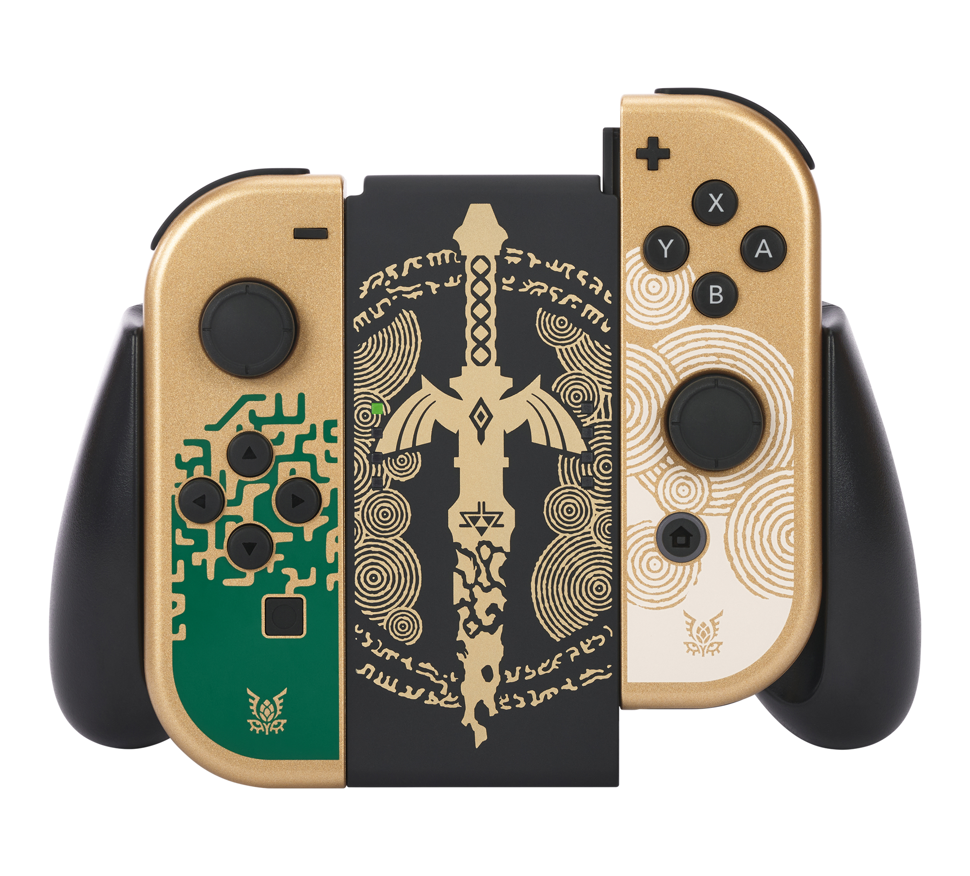 Nintendo Switch Controller. Er ist goldfarben, mit einem Schwertdesign und goldenem Text.