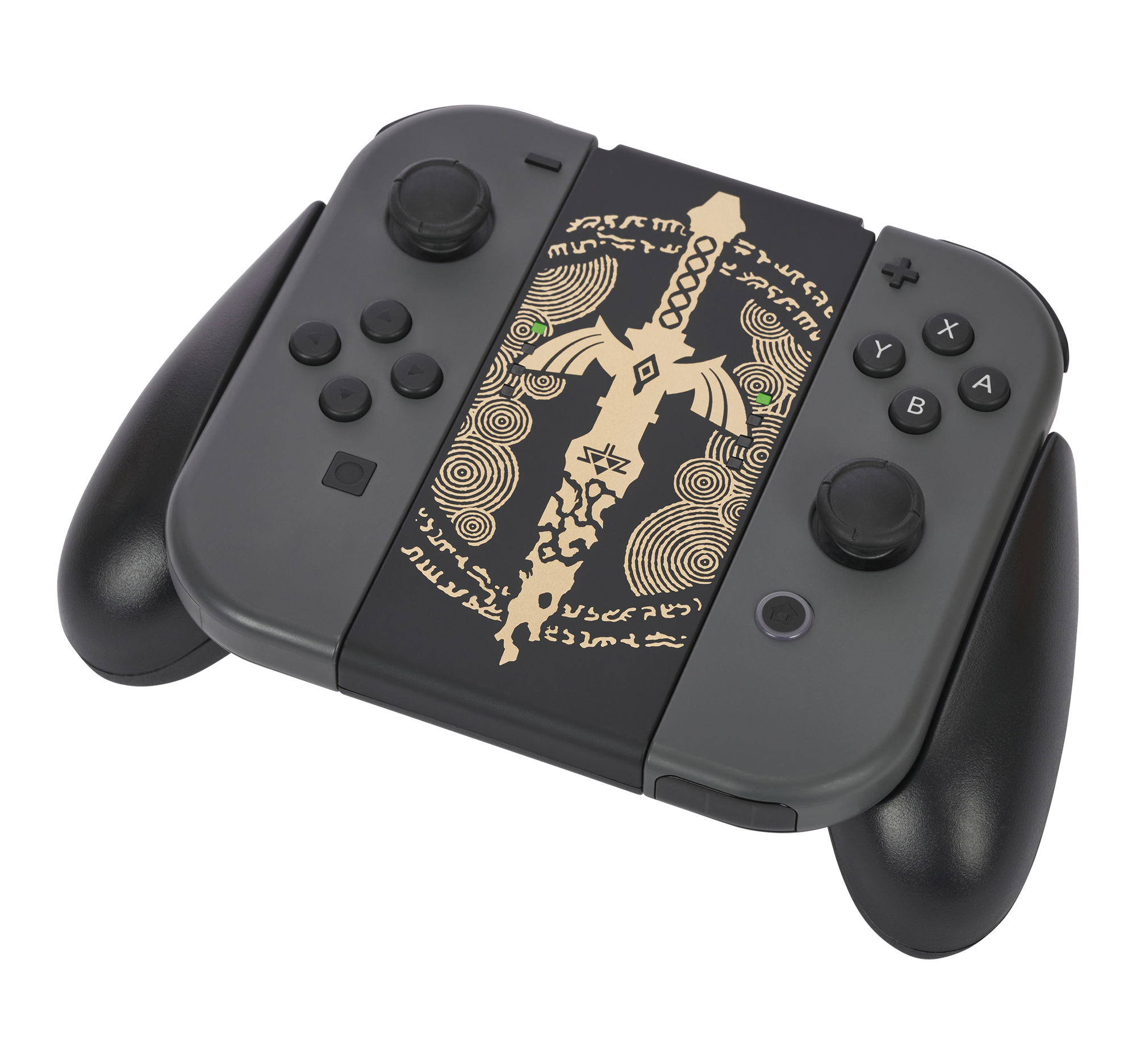 Ein grauer Nintendo Switch-Controller mit einem Design mit goldenen und schwarzen Details und dem Legendenschwert.