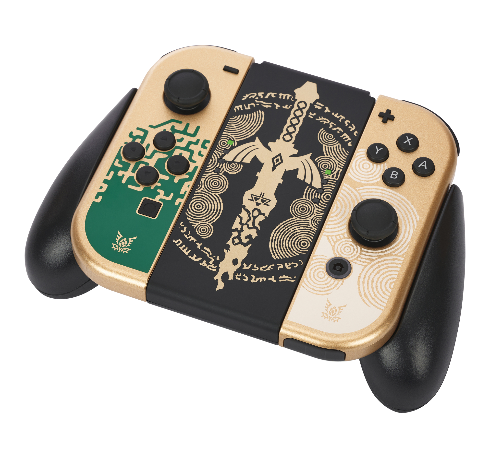 Nintendo Switch Joy-Cons. Gold, Schwarz und Grün. Dekoriert mit Symbolen und einem Schwert. Schwarze Griffe befestigt.