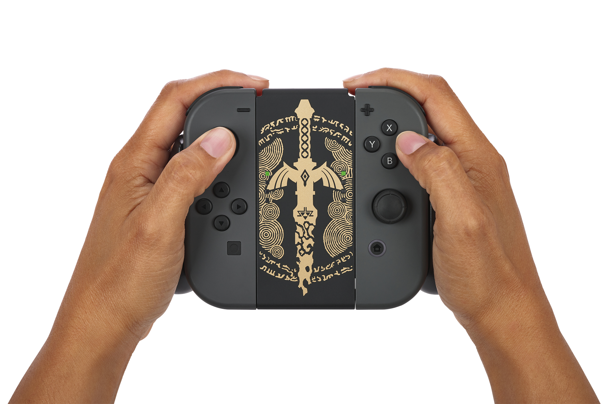 Hände, die einen Nintendo Switch-Controller mit Zelda-Thema halten.