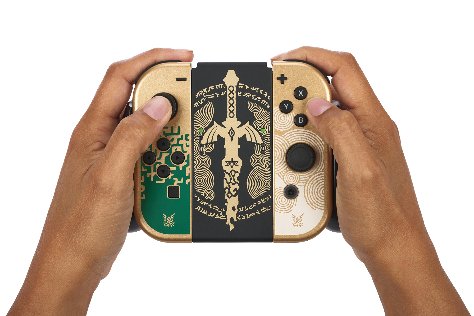 Hände halten einen goldfarbenen Nintendo Switch-Controller mit einem Legend of Zelda-Design.
