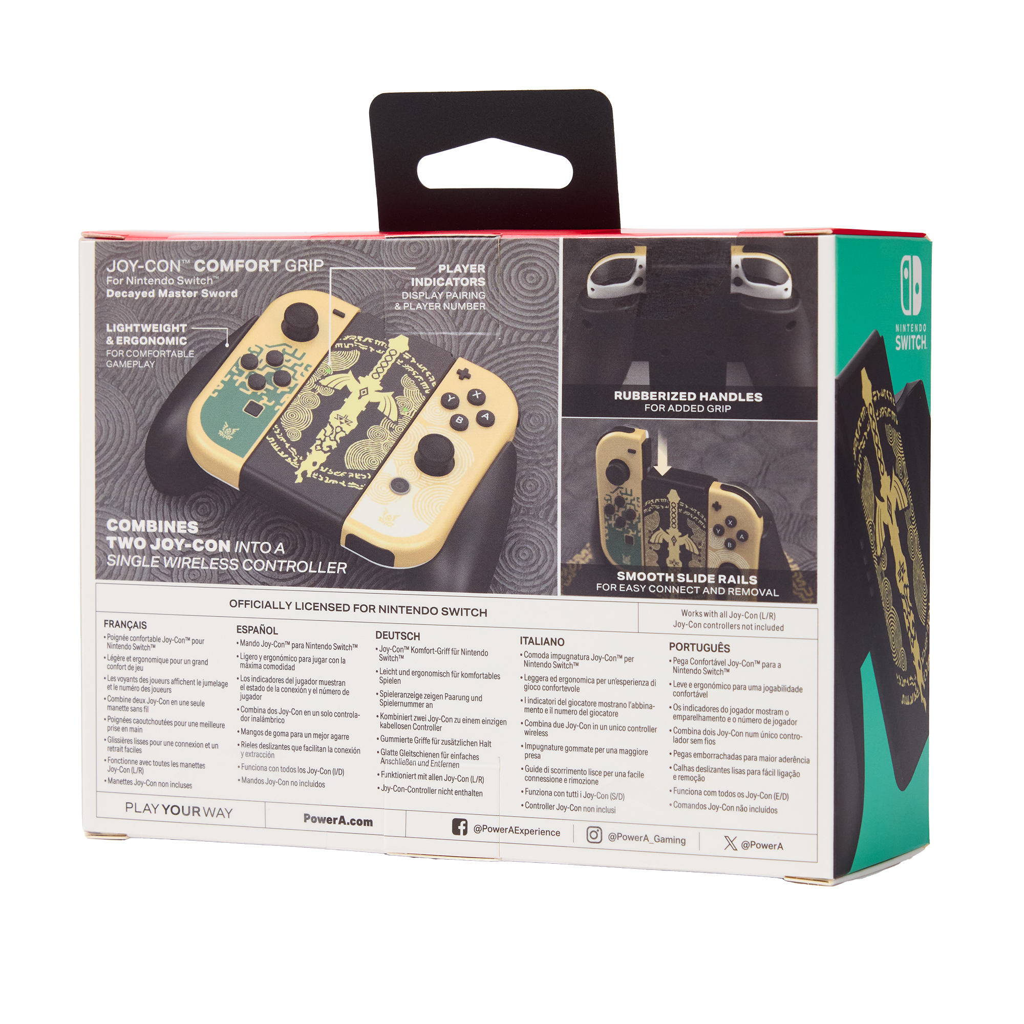 Rückseite einer Joy-Con-Controller-Box. Enthält Text, Bilder von Controllern und mehrsprachige Beschreibungen.