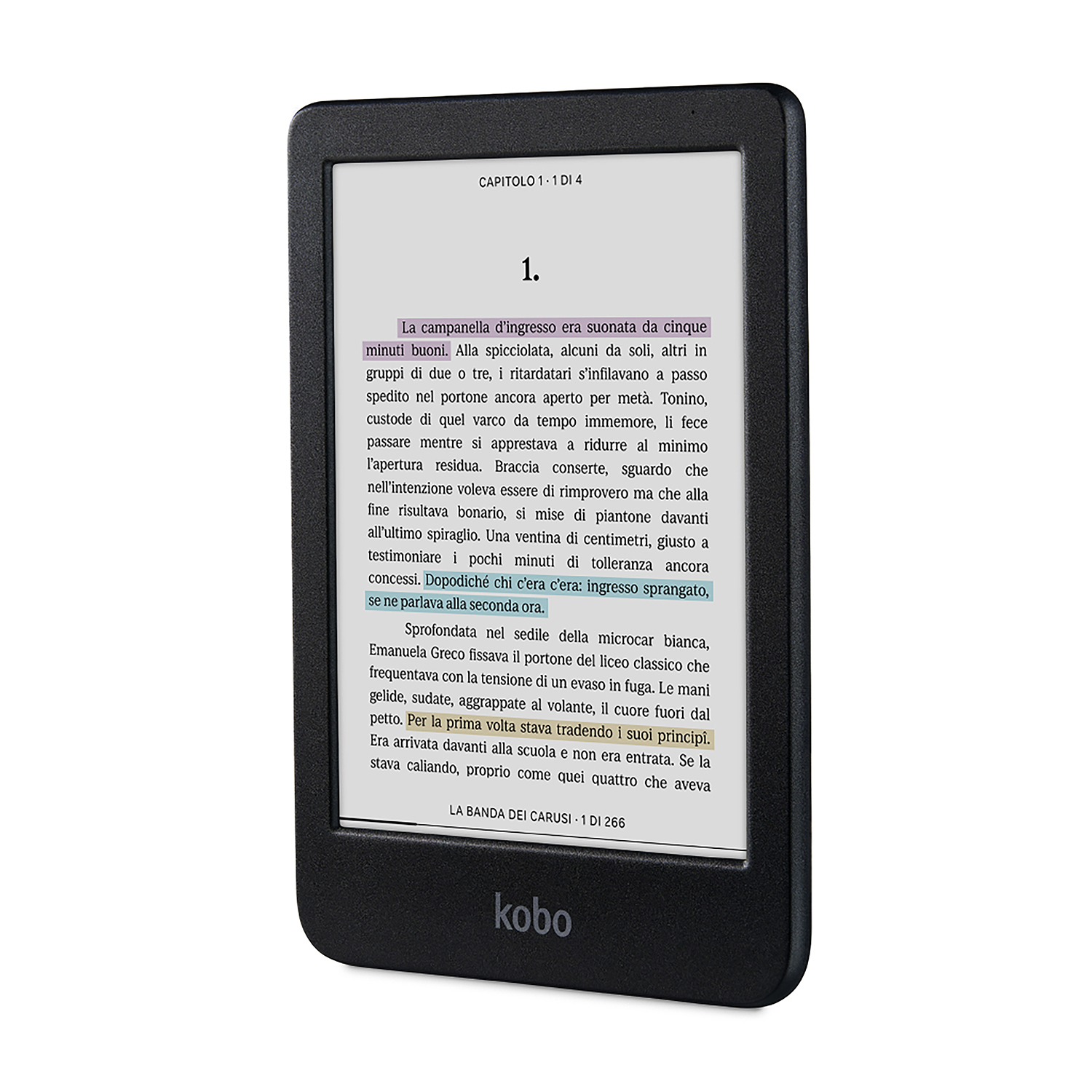 Lettore di ebook Kobo nero che mostra testo. Lo schermo mostra una pagina del libro. Il logo Kobo è visibile.