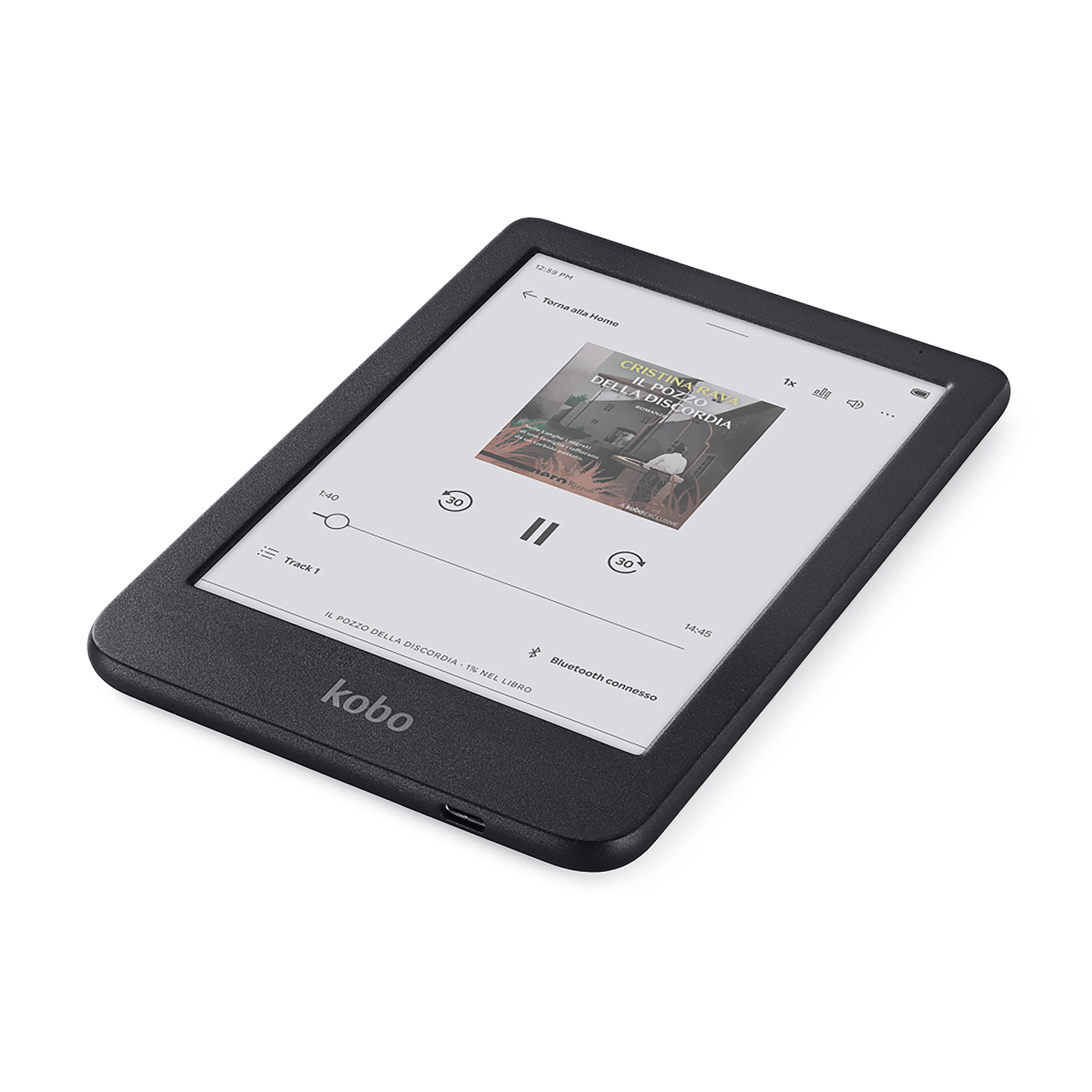 E-reader nero su bianco. Lo schermo mostra la copertina, l'ora e i comandi.