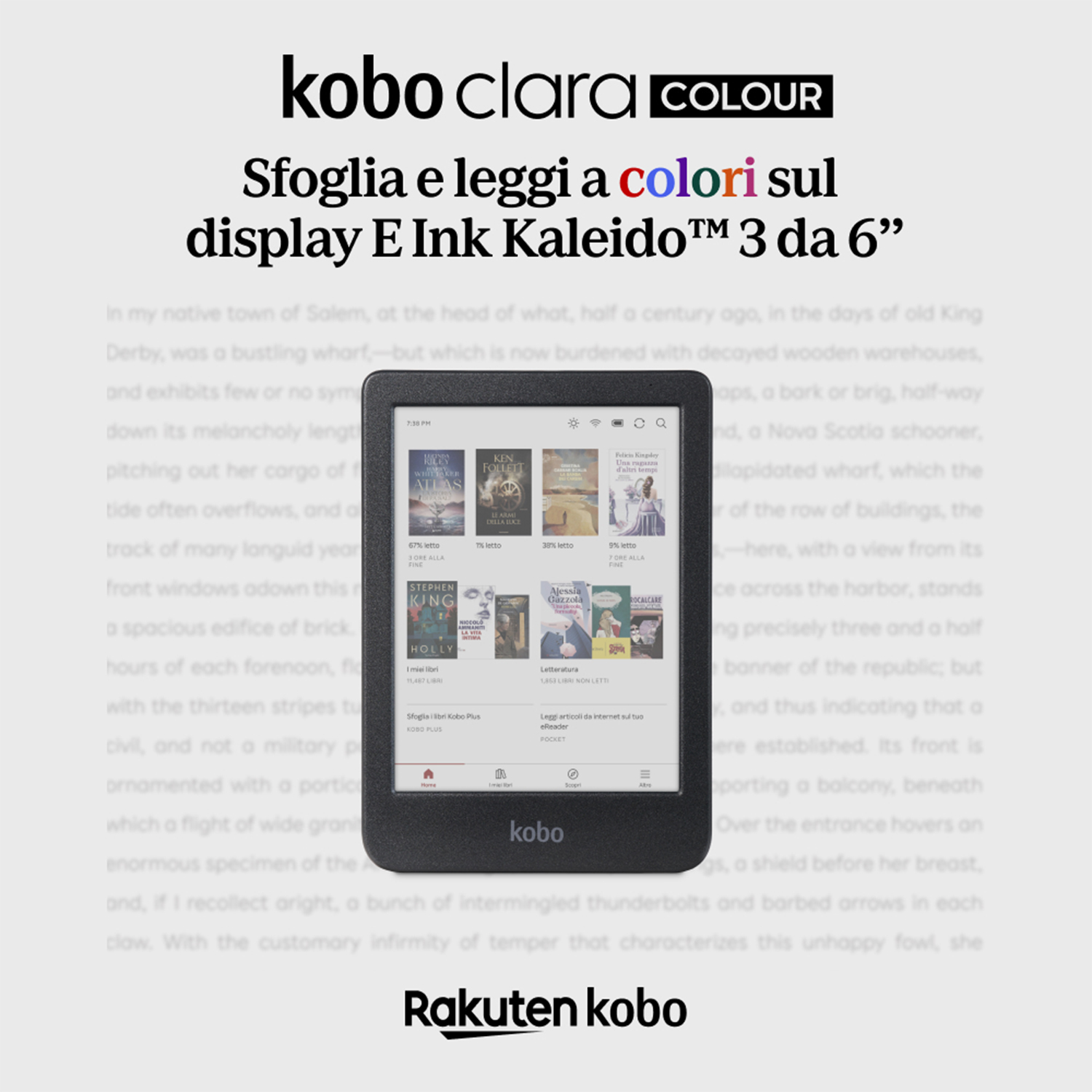 E-reader Kobo Clara Colour con un libro visualizzato sullo schermo.