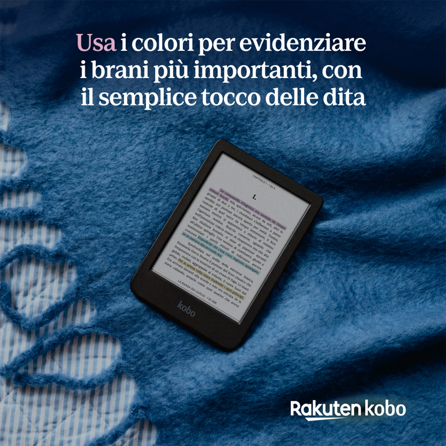 Un e-reader Kobo che mostra il testo su uno sfondo blu. Evidenziatori di testo visibili.