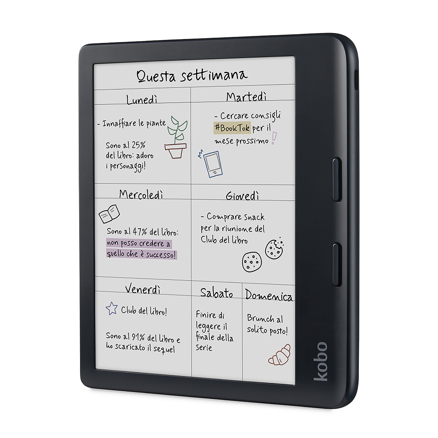 Un e-reader Kobo nero mostra un programma settimanale con note scritte a mano.