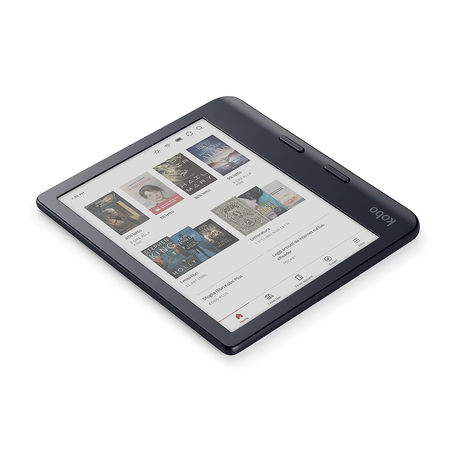 Un lettore di ebook con libri visualizzati sullo schermo.