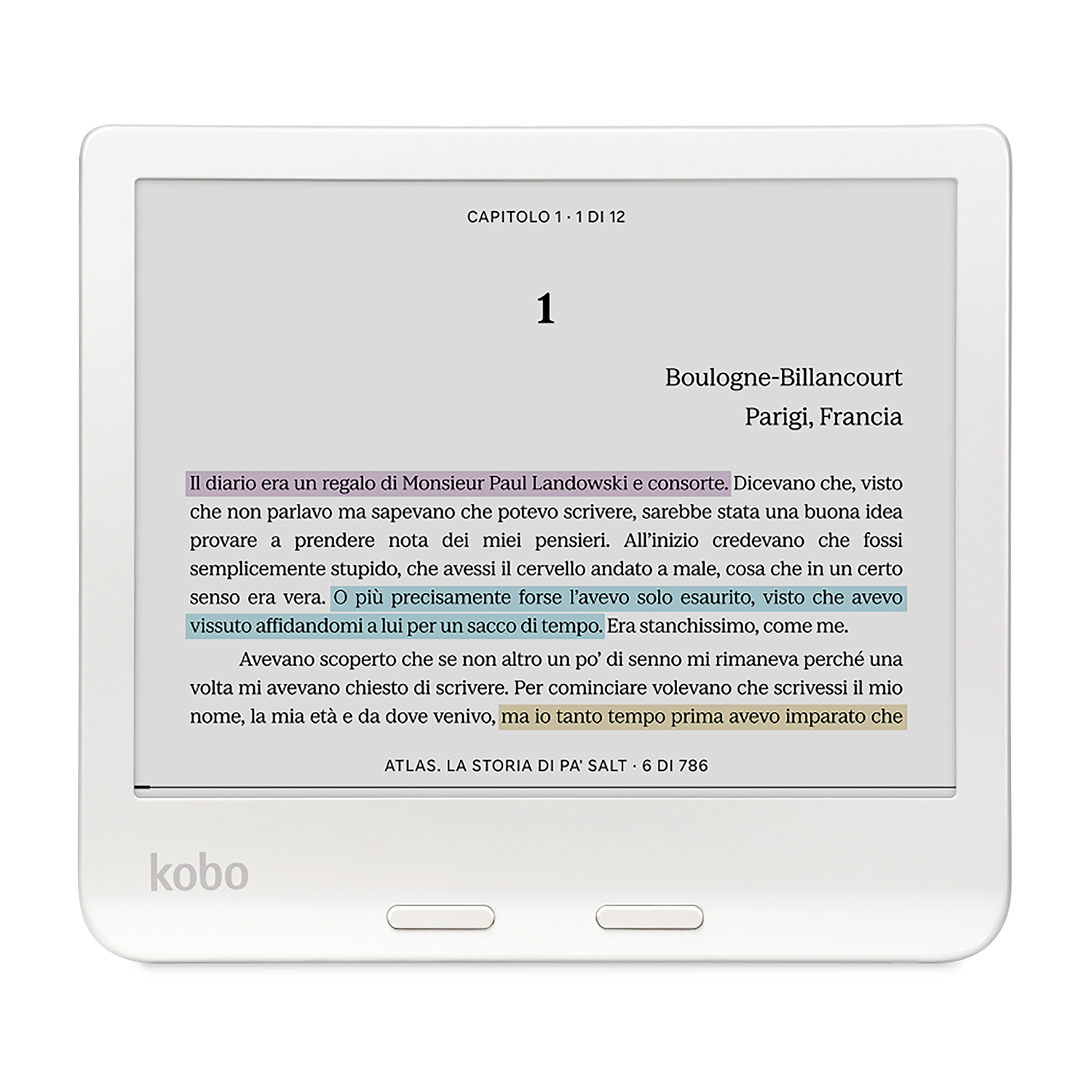 E-reader Kobo bianco con testo sullo schermo. Lo schermo mostra il testo di un libro.