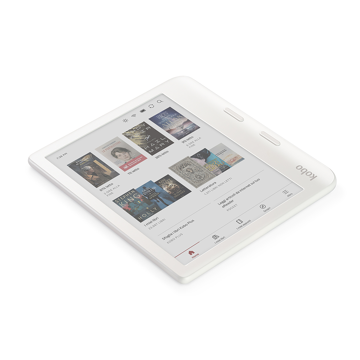 E-reader bianco con schermo che mostra copertine di libri.
