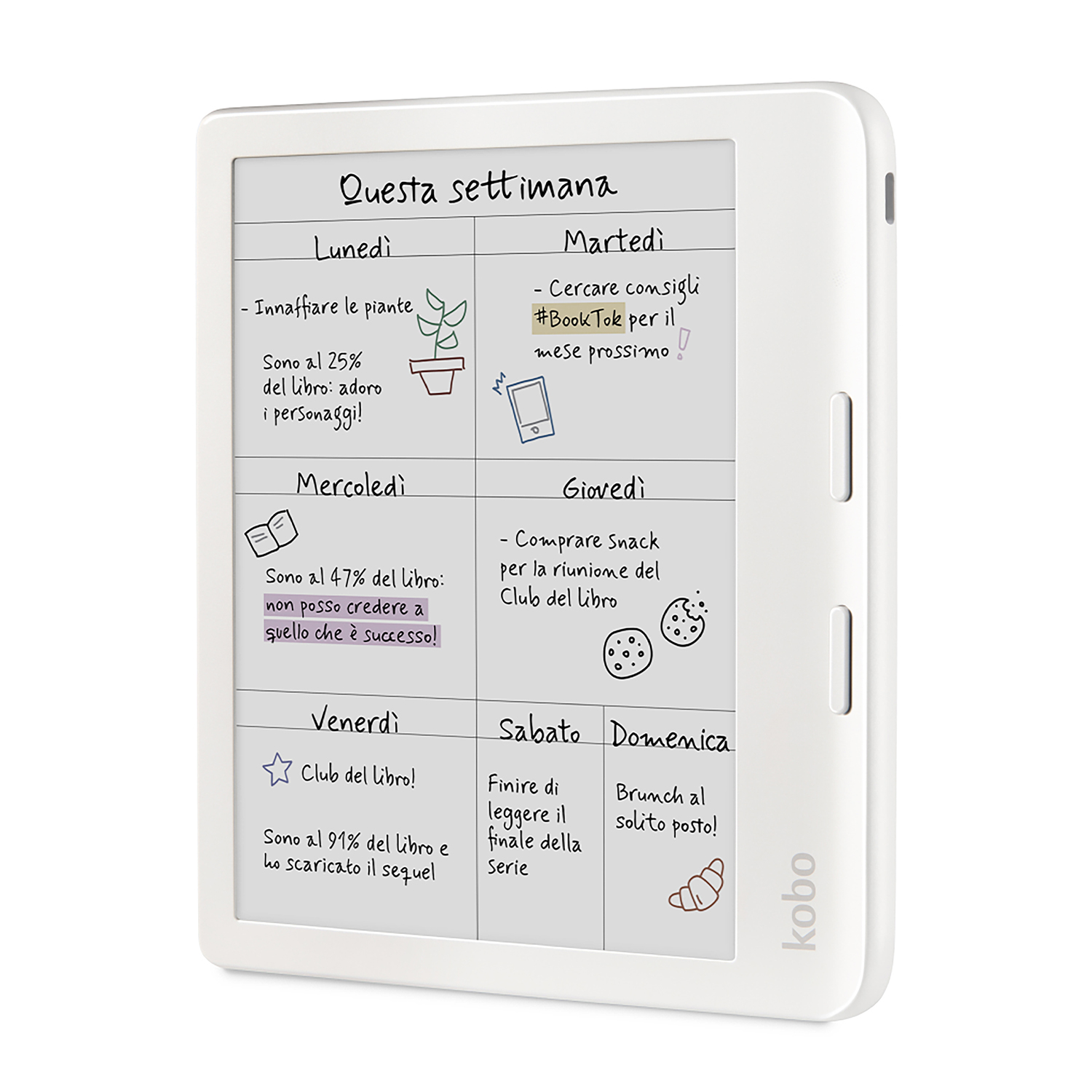 Lo schermo bianco del lettore Kobo mostra un planner settimanale con note e disegni scritti a mano.