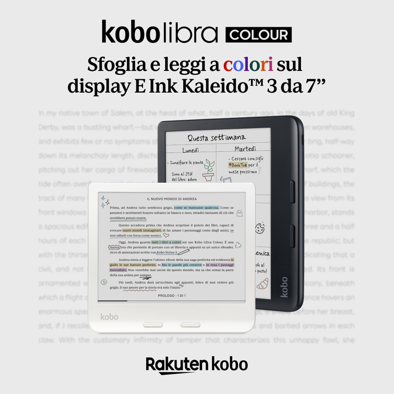 E-reader su una superficie bianca con testo, un calendario e il logo Rakuten Kobo.